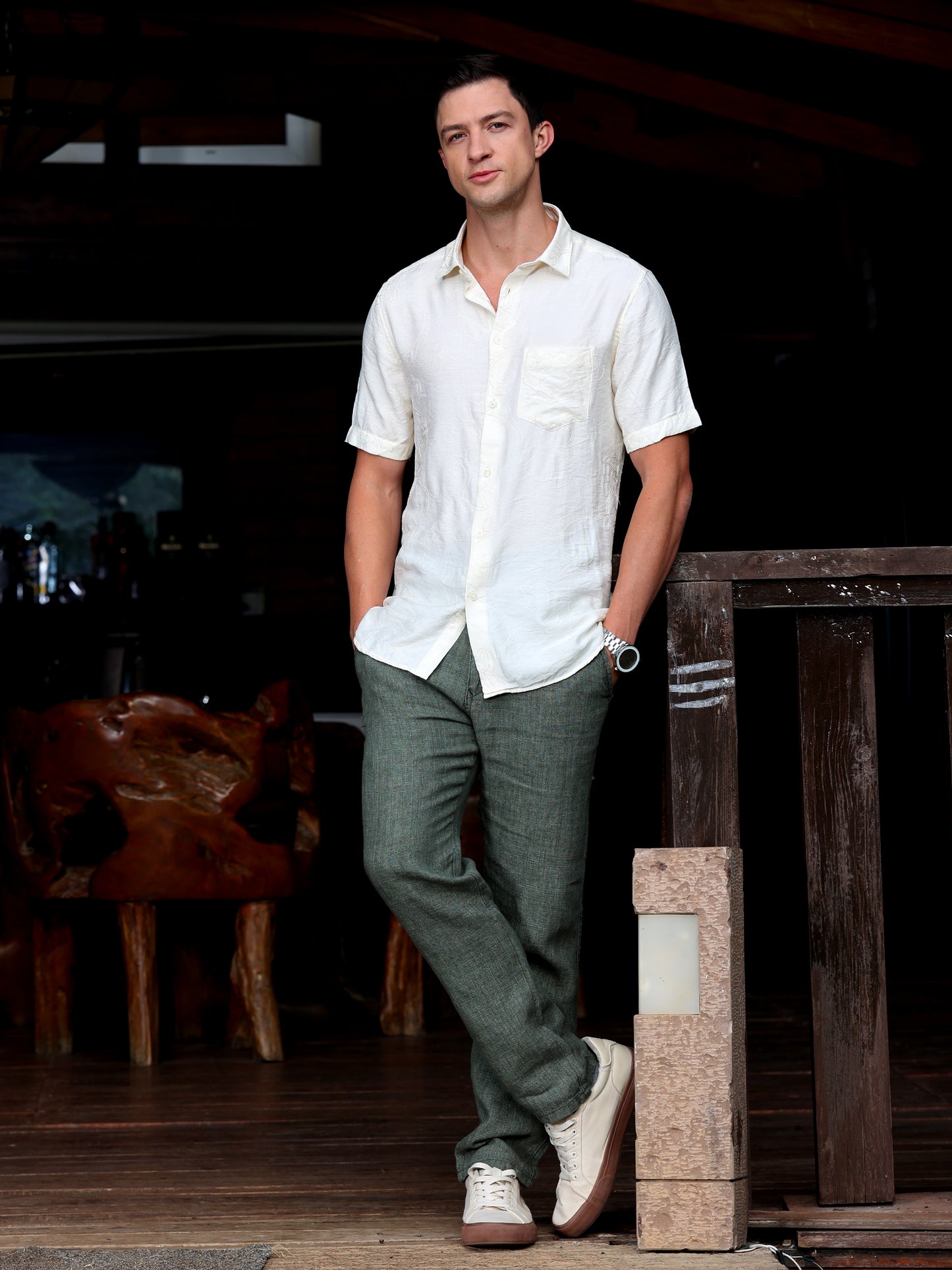 Cream Embroidery linen  Shirt