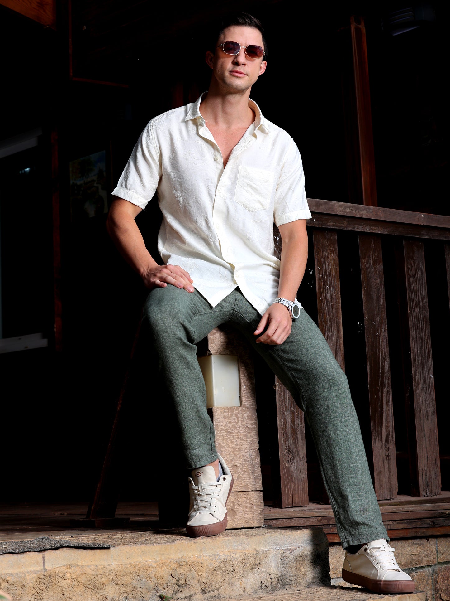 Cream Embroidery linen  Shirt