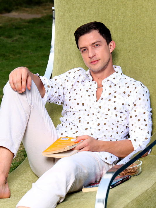 White Linen Print Shirt