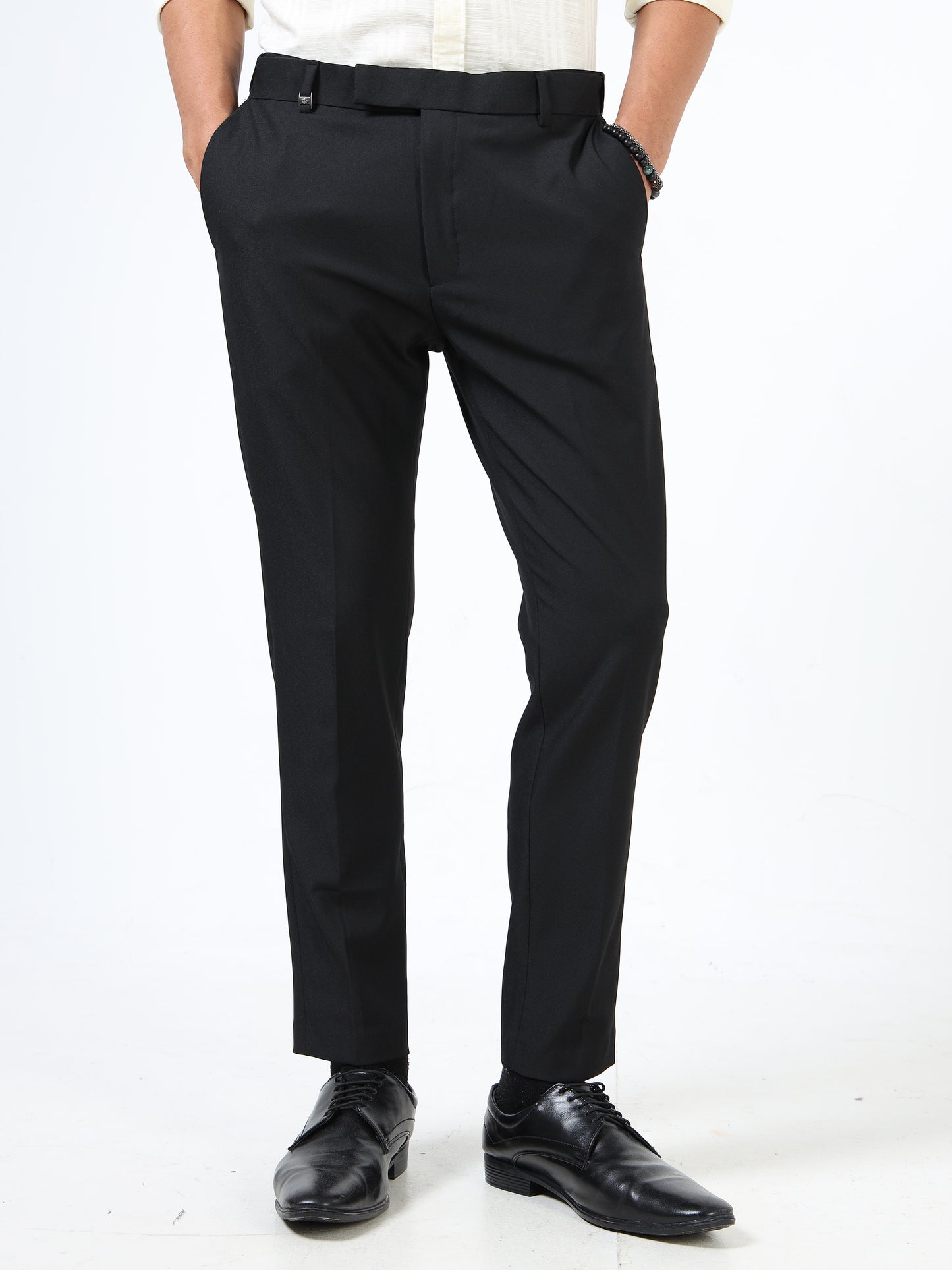 Pinstripe Flexi-waist formal trousers.