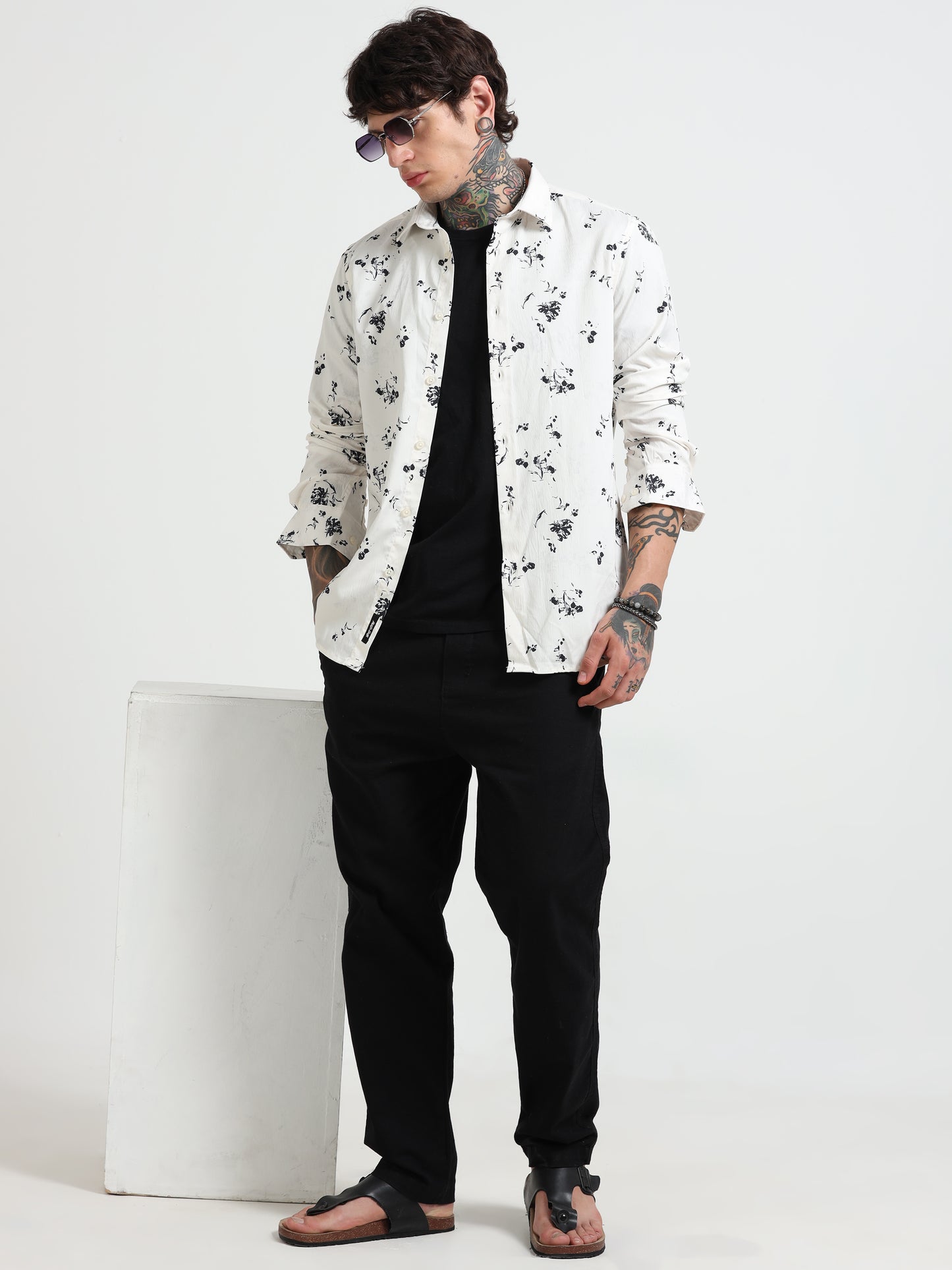 Floral Printed Shirt - White and Black