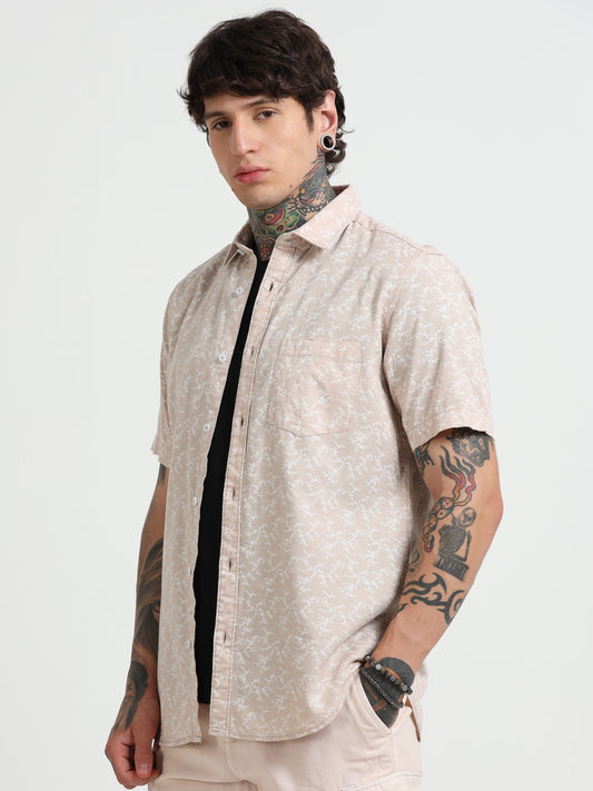 Peach Printed Half - Sleeves Shirt