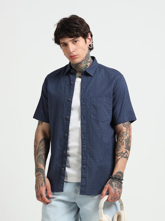 Dark Blue Printed Half - Sleeves Shirt