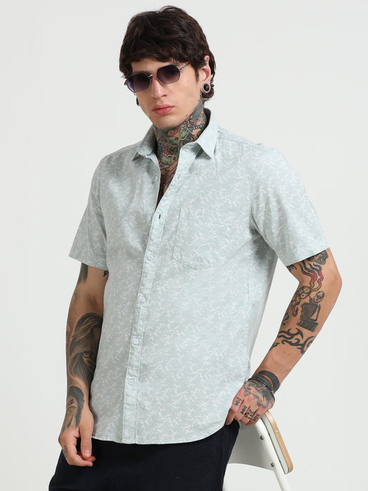 Cyan Printed Half - Sleeves Shirt