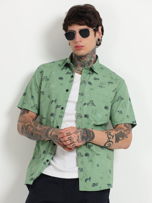 Green Printed Half - Sleeves Shirt