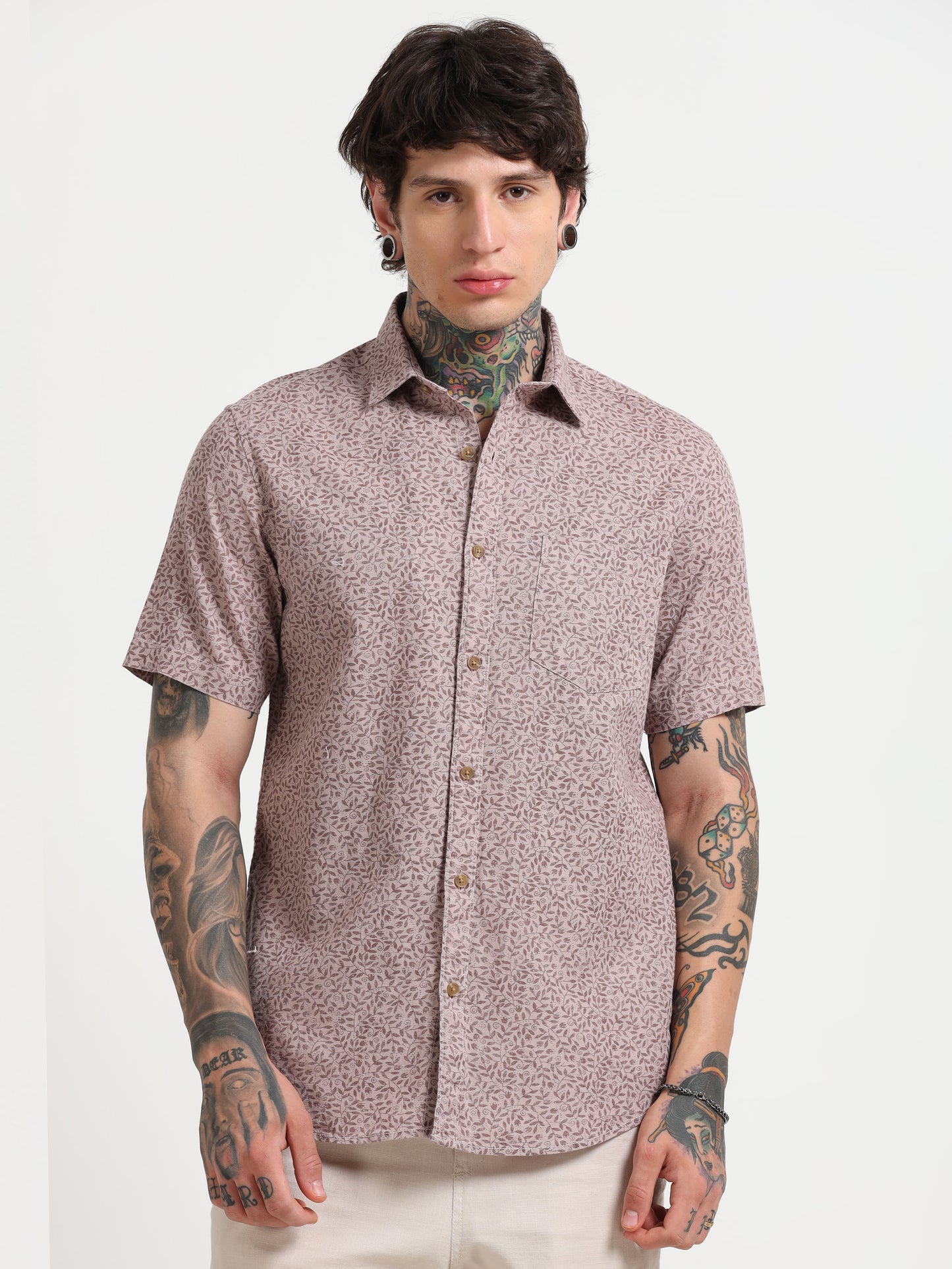 Dusty Pink Printed Half - Sleeves Shirt