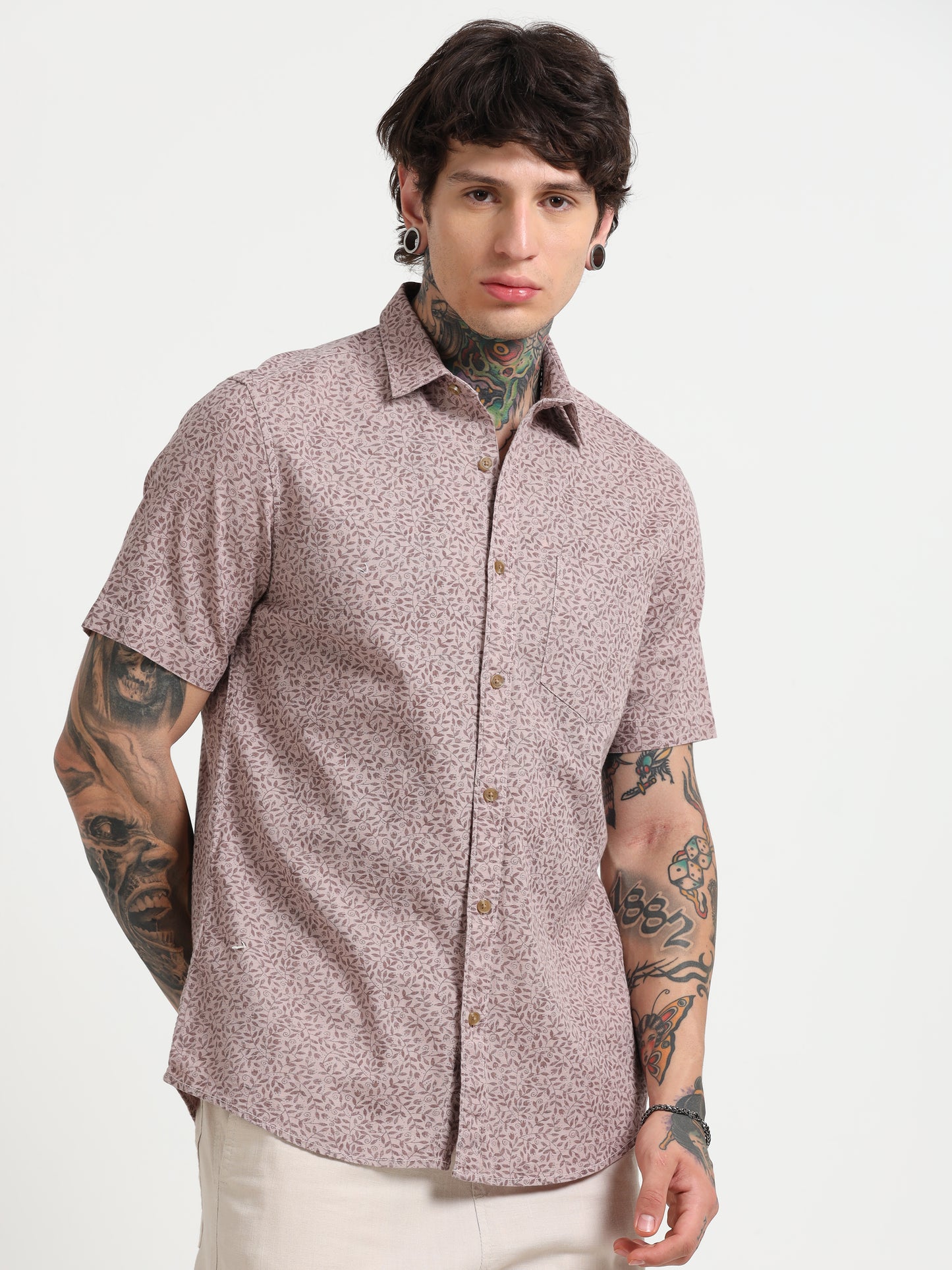 Dusty Pink Printed Half - Sleeves Shirt