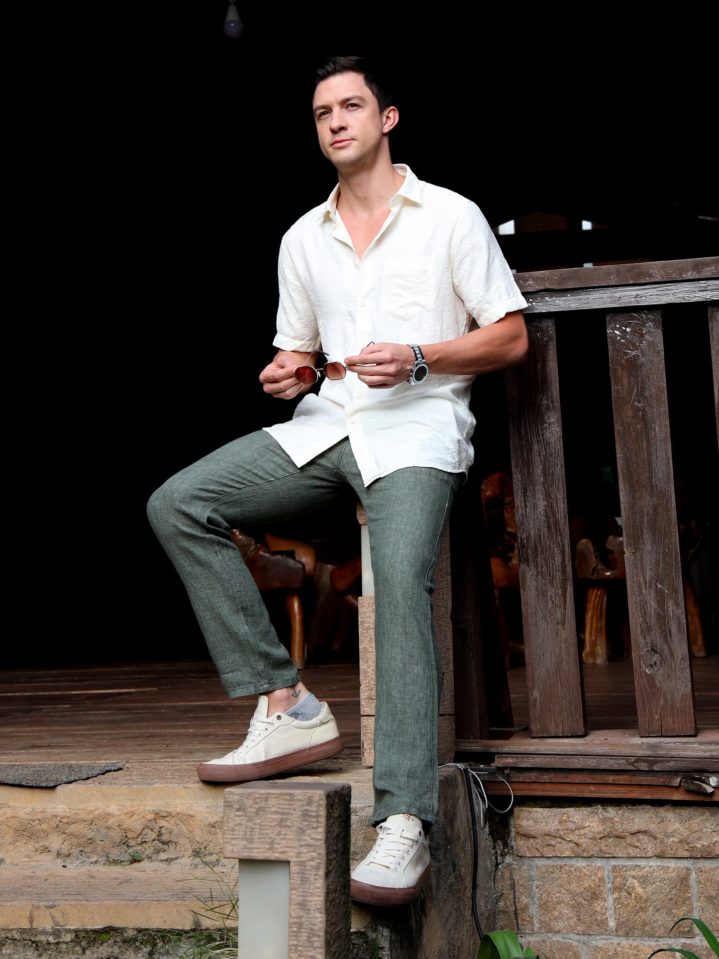 Cream Embroidery linen  Shirt