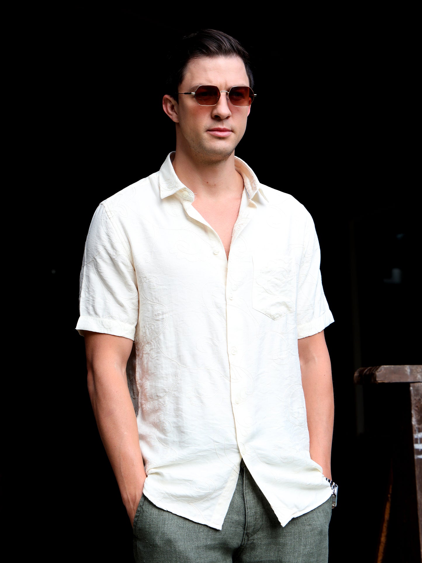 Cream Embroidery linen  Shirt