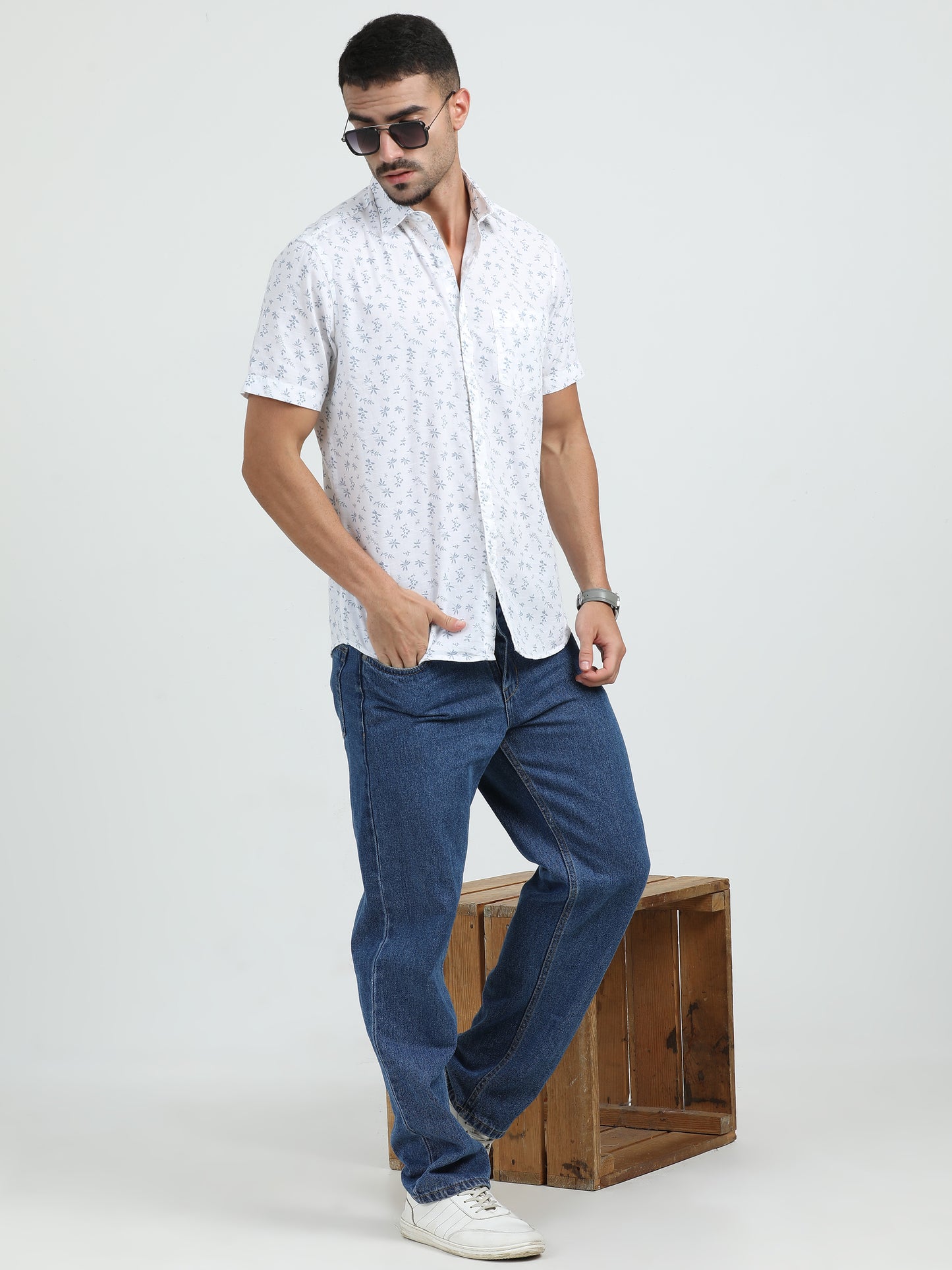 Linen print half-sleeves shirt