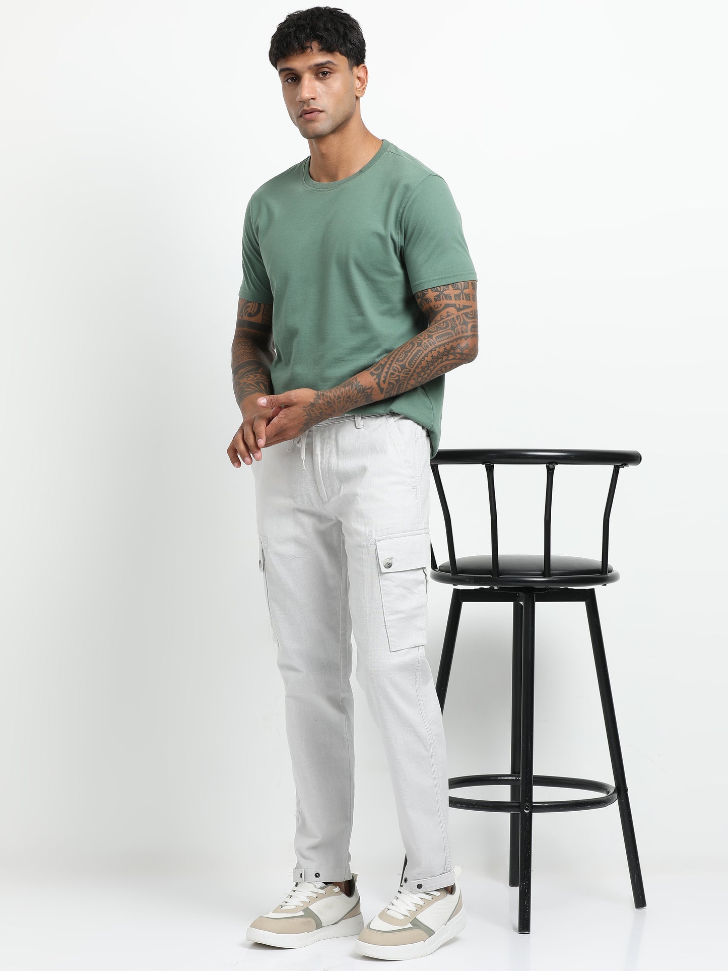 White Cargo Trousers with Drawstring.