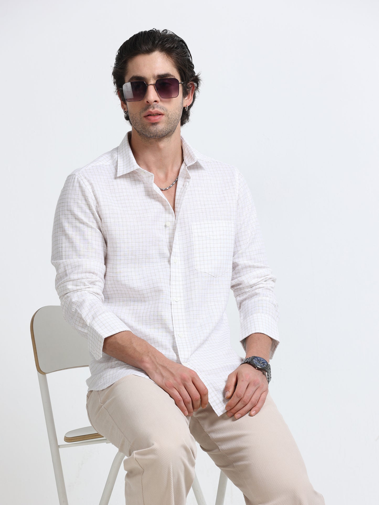 White Grid Linen Shirt