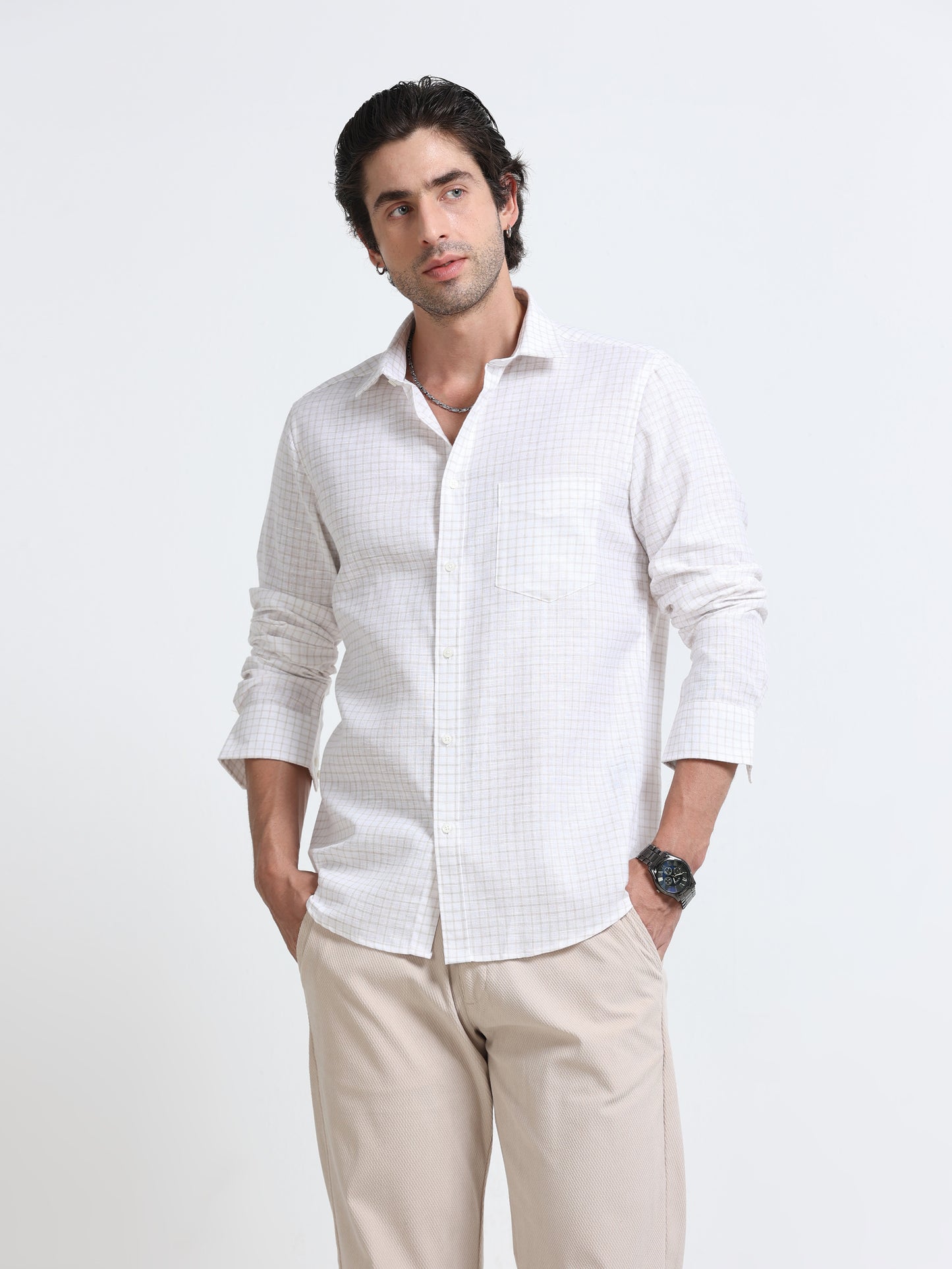 White Grid Linen Shirt