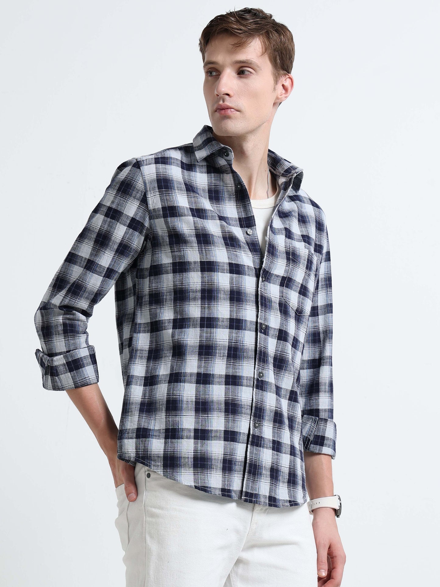 Linen Checked Slim Fit Casual Shirt