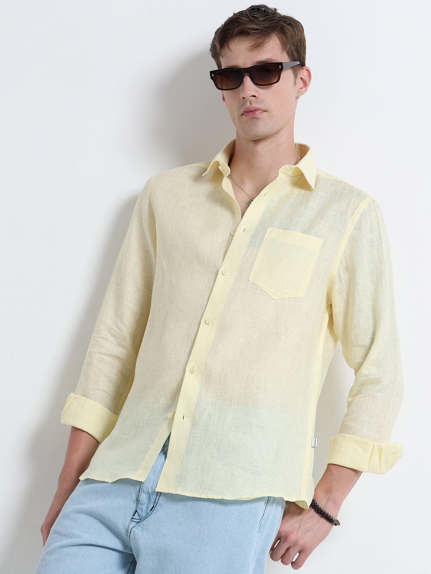 Yellow Linen Slim Fit Solid Casual Shirt