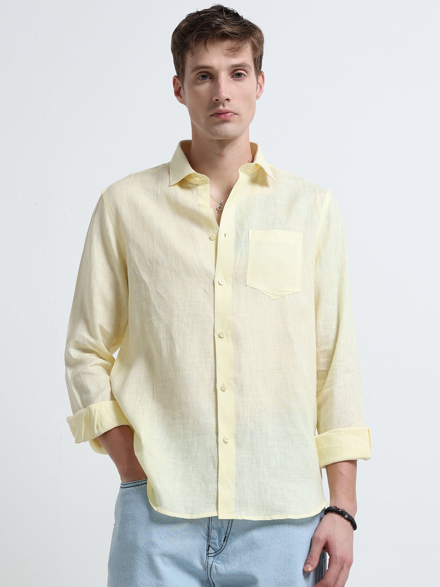 Yellow Linen Slim Fit Solid Casual Shirt