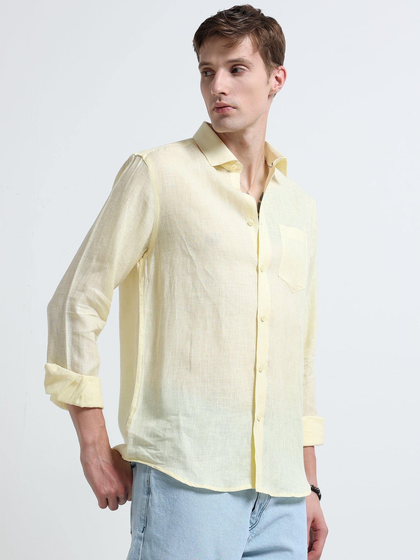 Yellow Linen Slim Fit Solid Casual Shirt