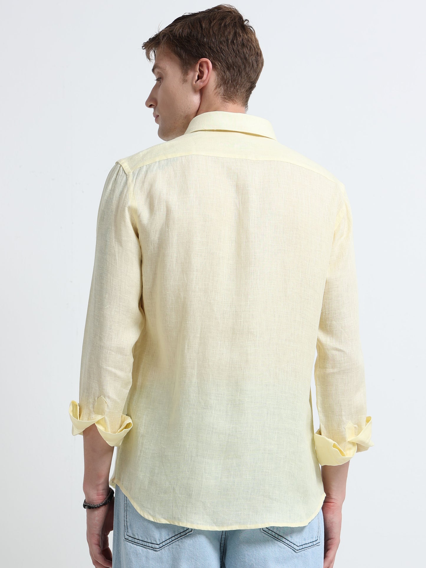 Yellow Linen Slim Fit Solid Casual Shirt