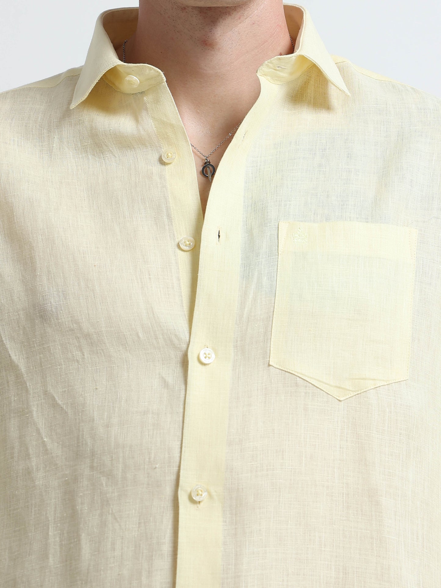 Yellow Linen Slim Fit Solid Casual Shirt