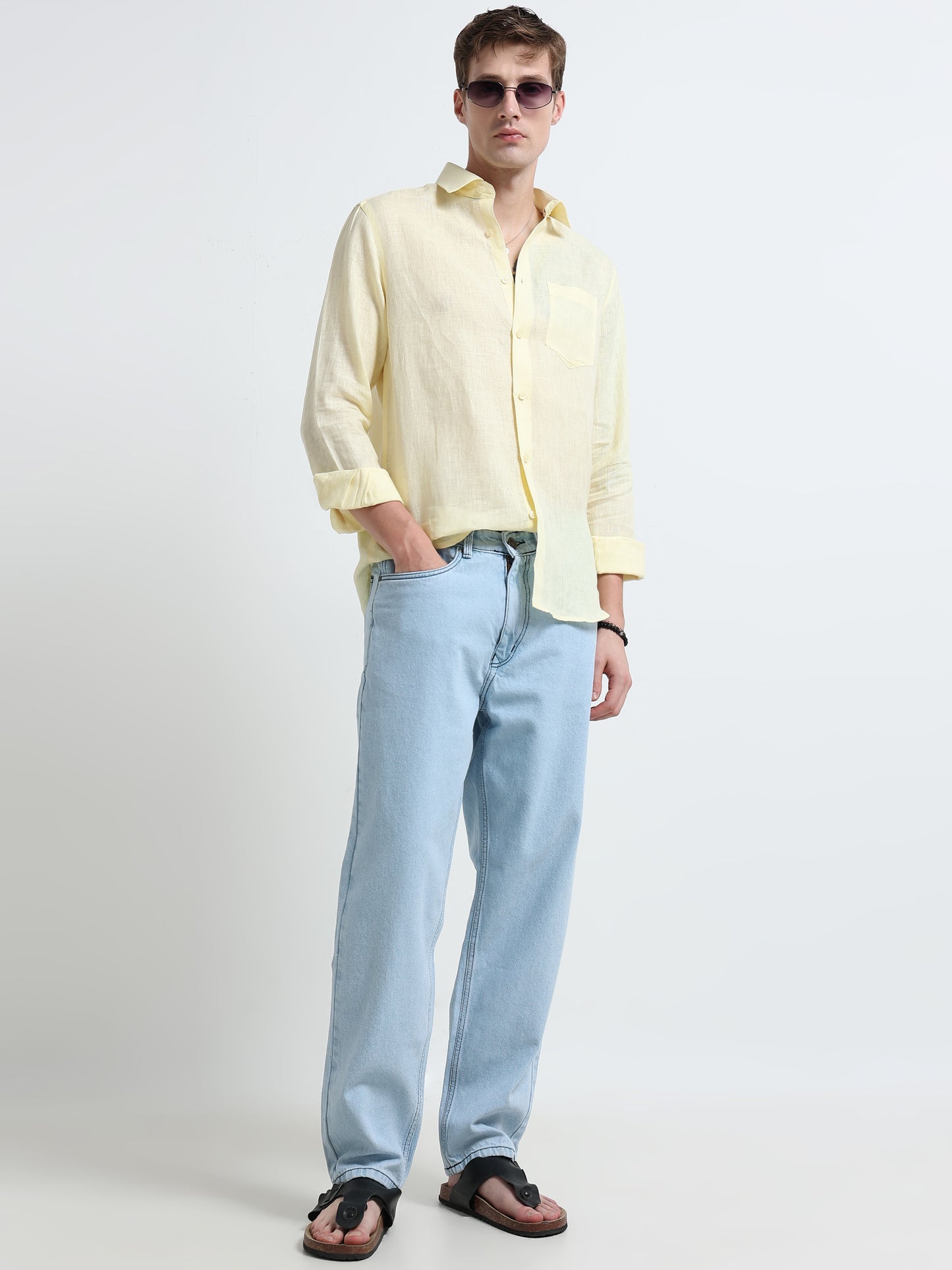 Yellow Linen Slim Fit Solid Casual Shirt