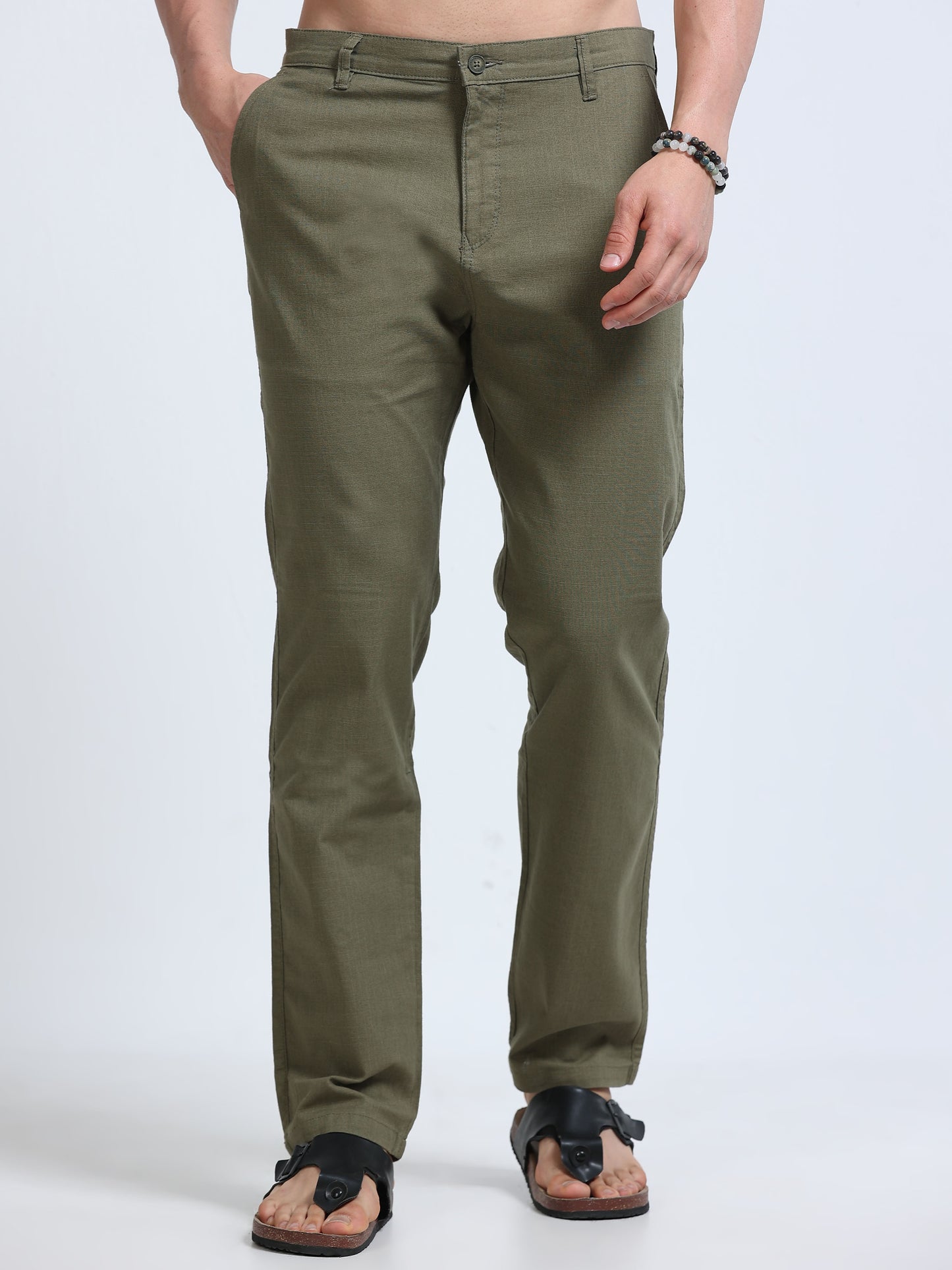 Raw Linen Pants - Olive Green