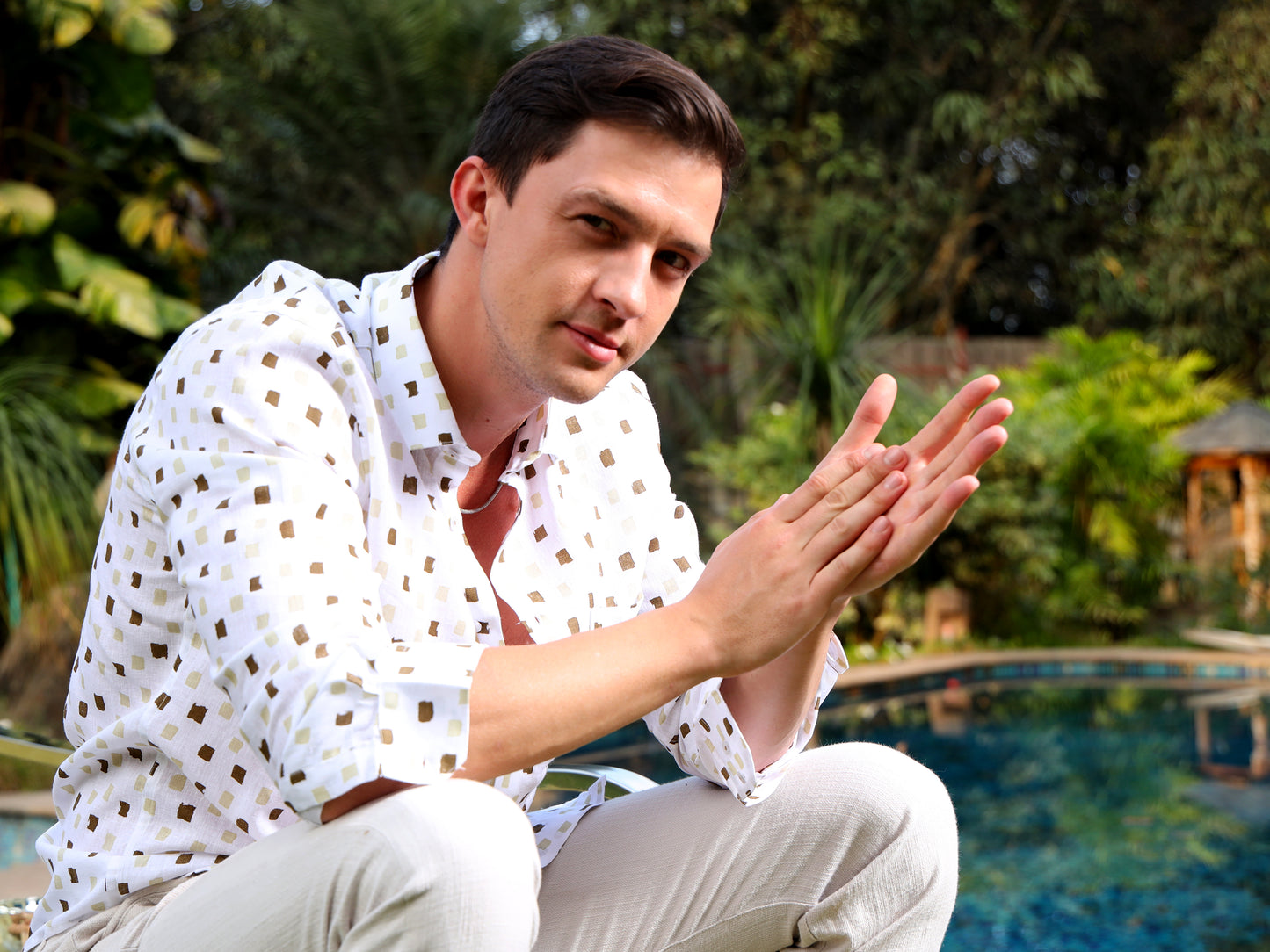 White Linen Print Shirt