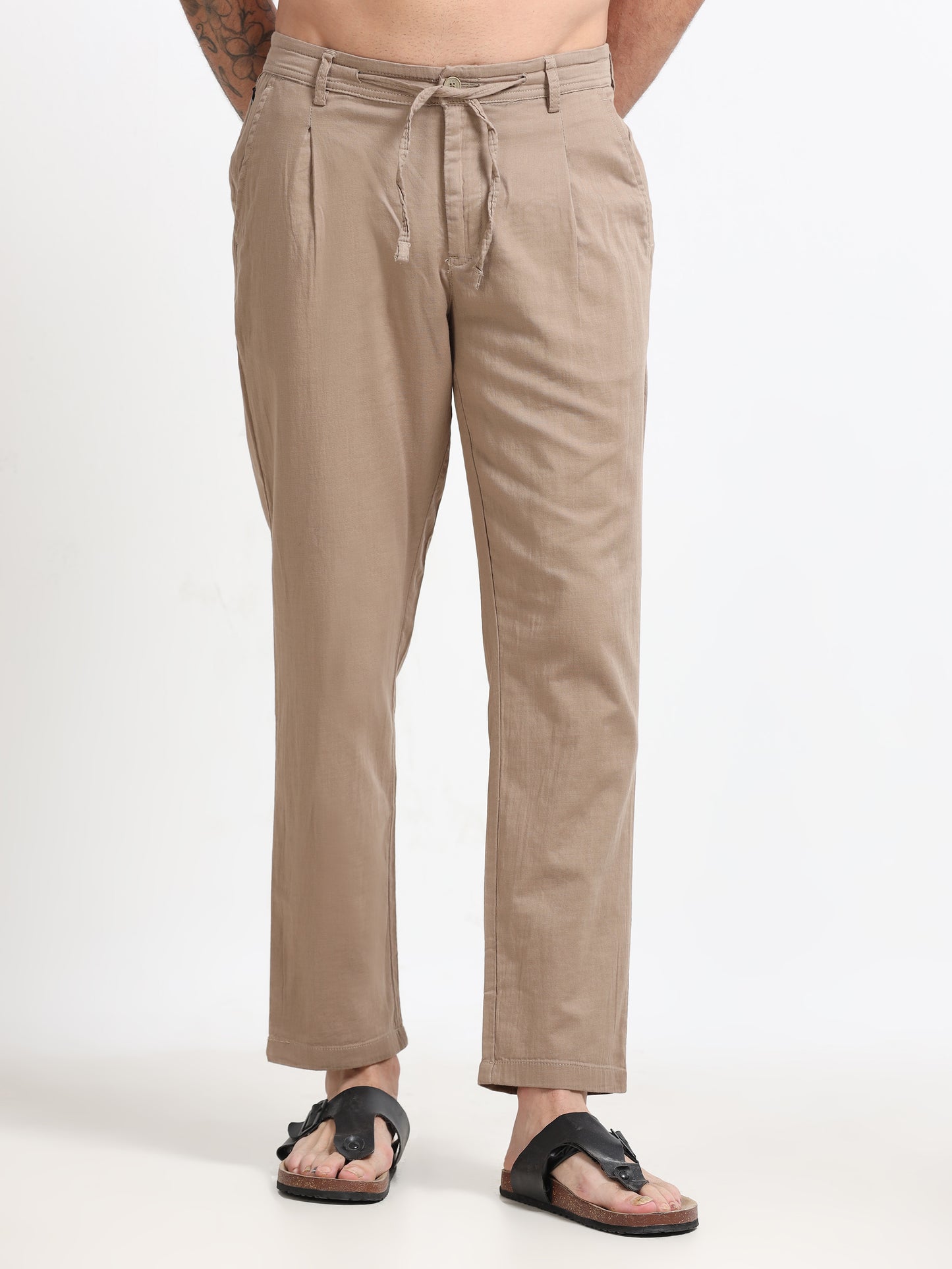 Khaki Linen Blend Drawstring Trousers