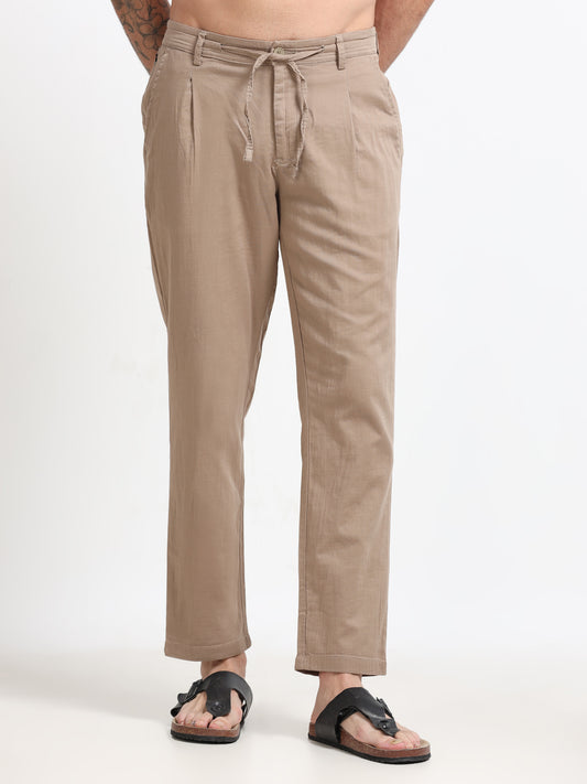 Khaki Linen Blend Drawstring Trousers