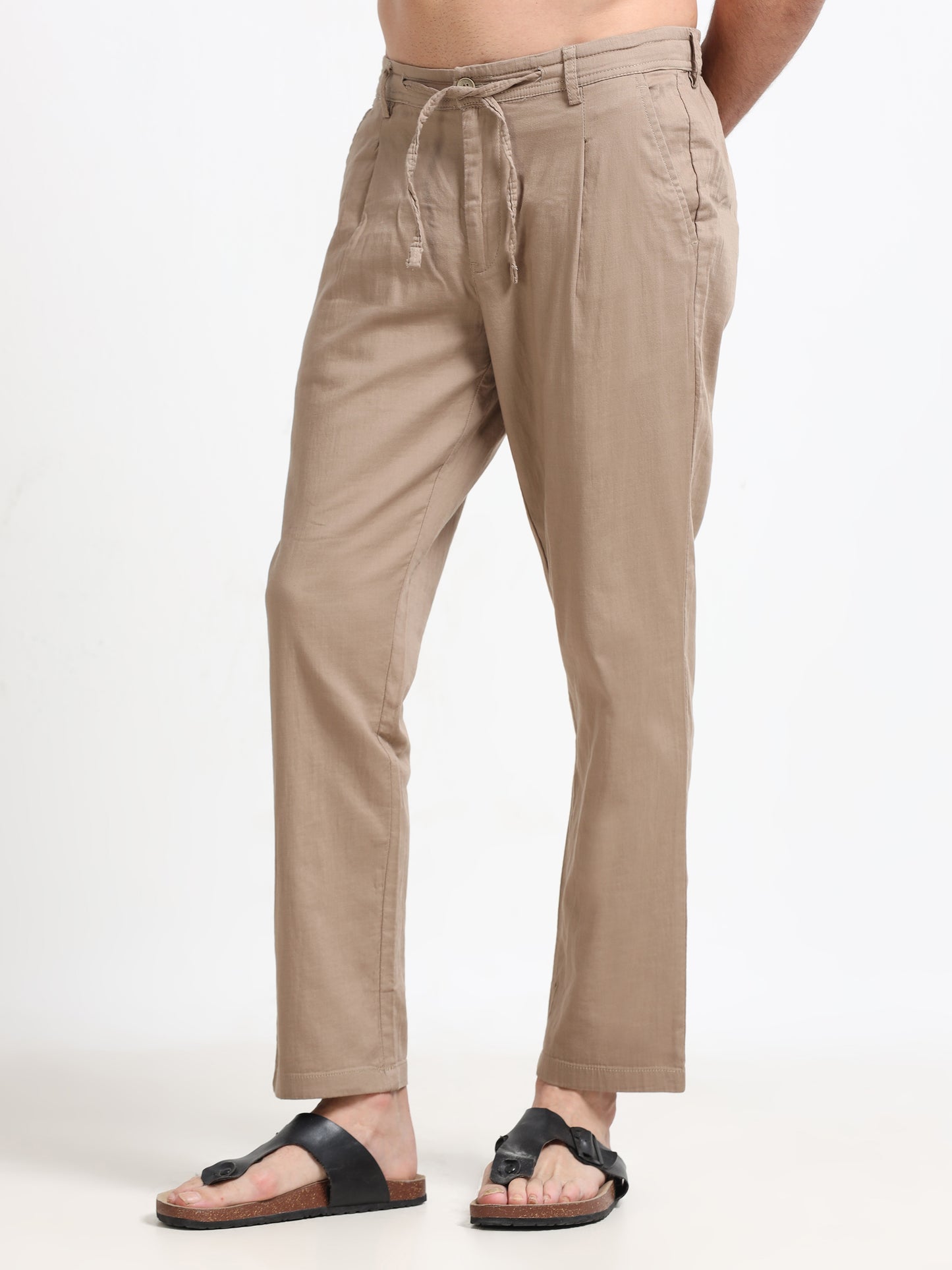 Khaki Linen Blend Drawstring Trousers