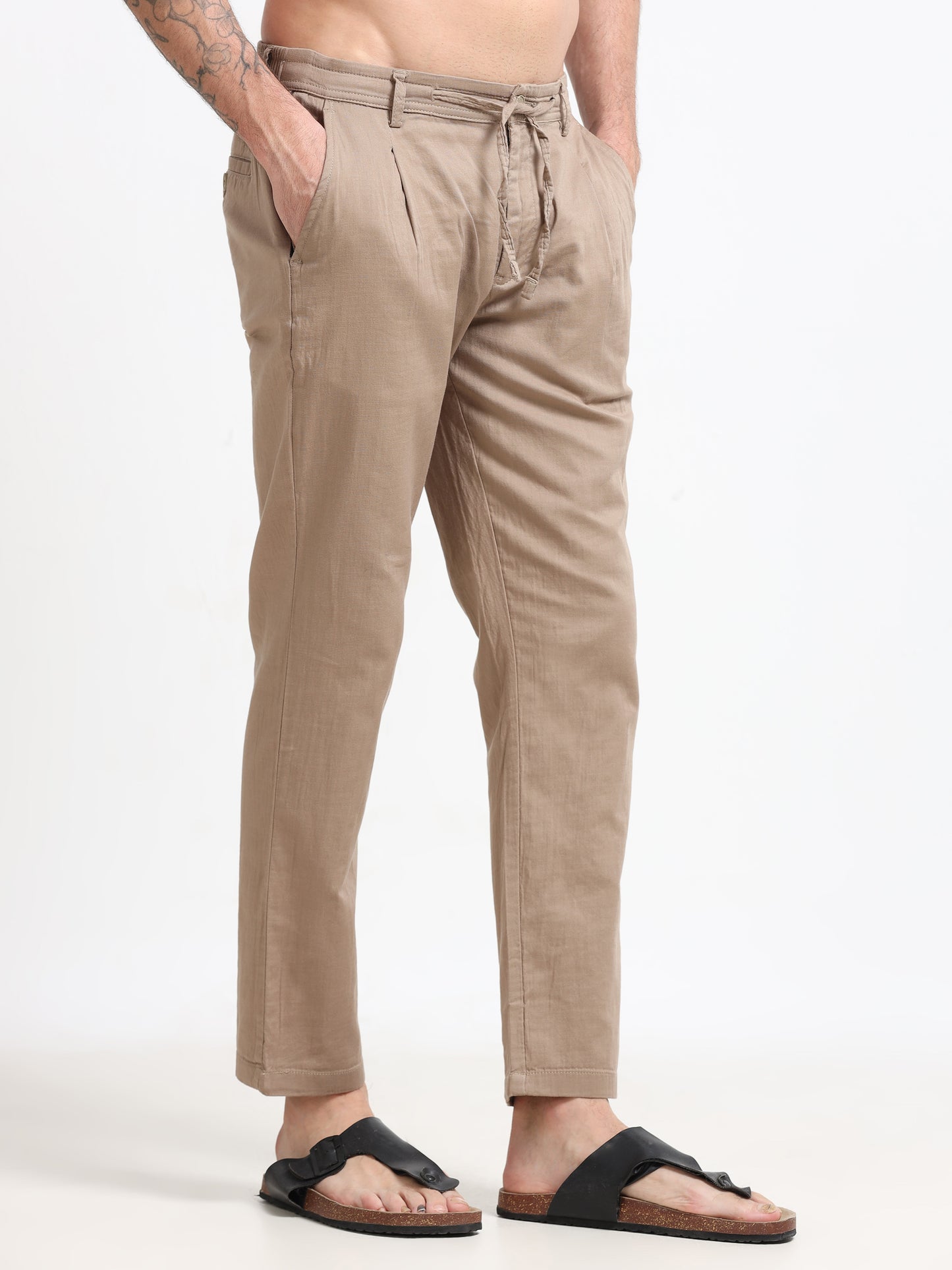 Khaki Linen Blend Drawstring Trousers