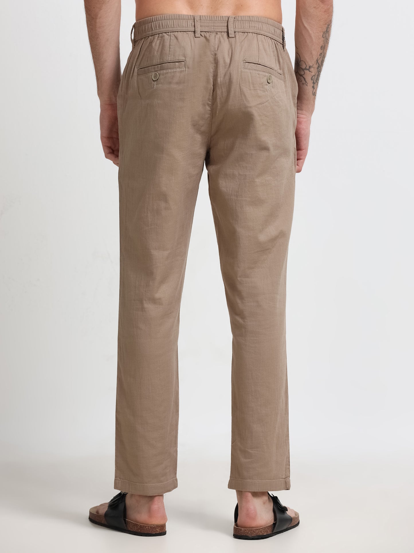 Khaki Linen Blend Drawstring Trousers