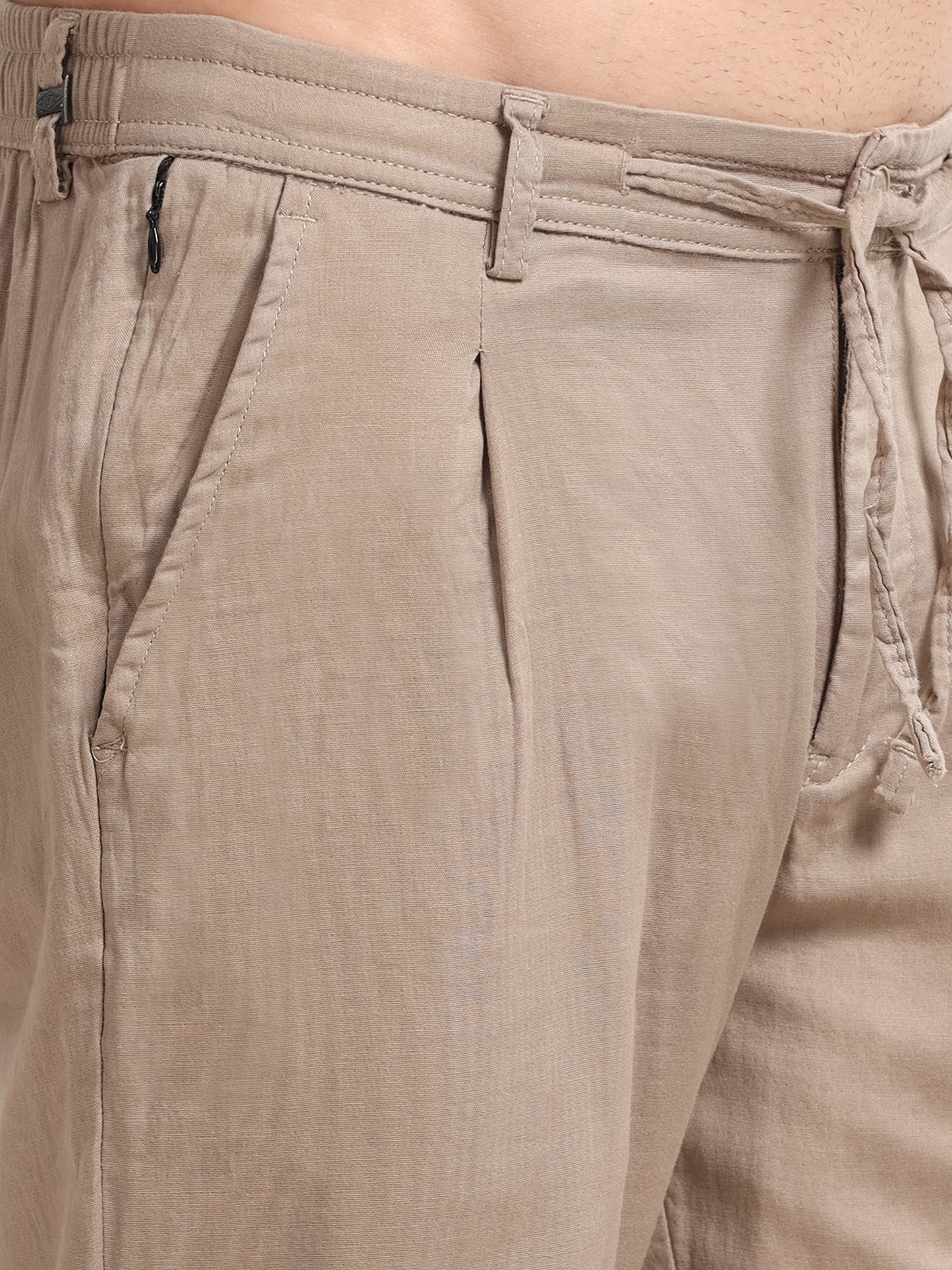 Khaki Linen Blend Drawstring Trousers