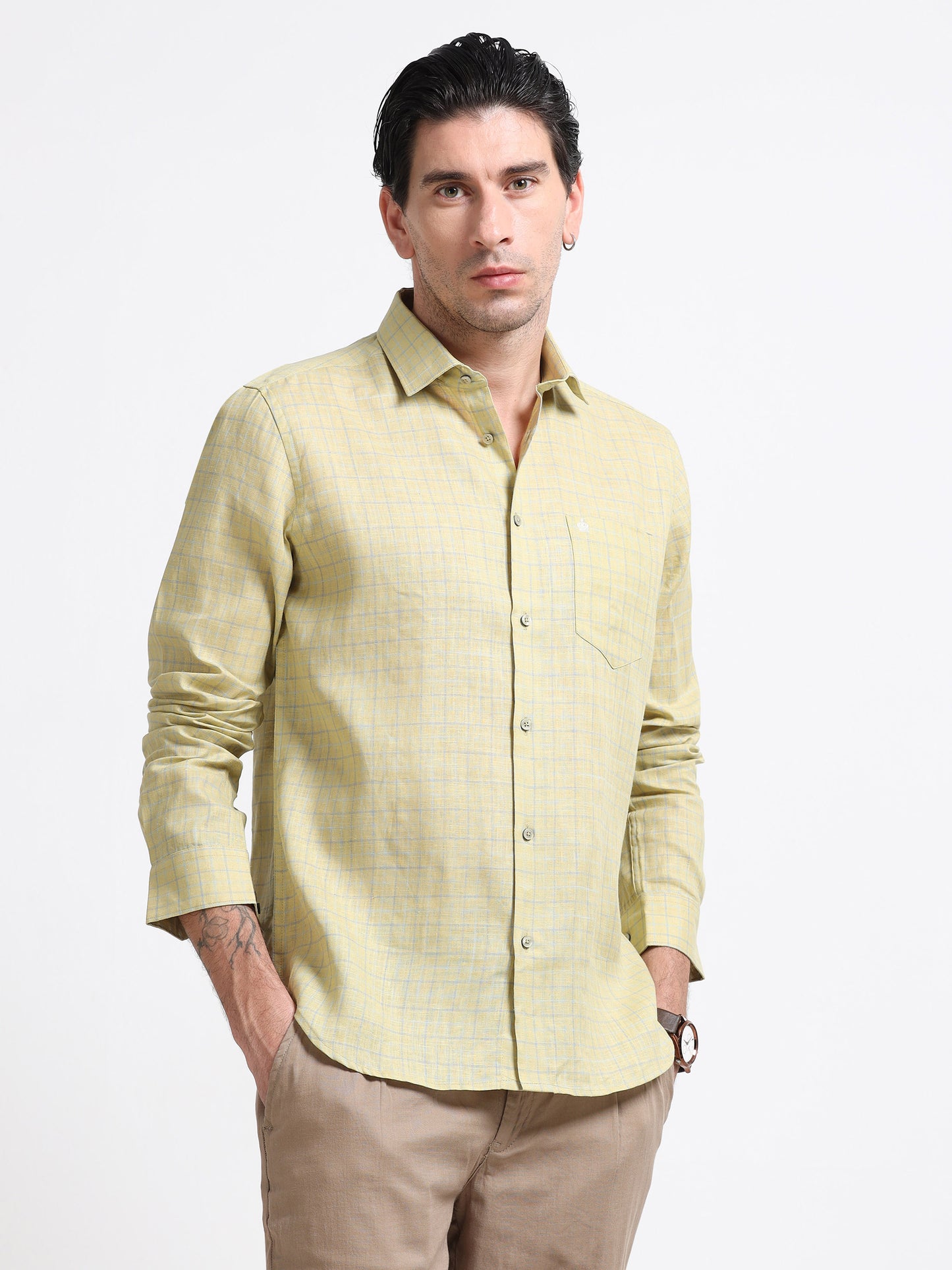 Olive Mist Linen Check Shirt
