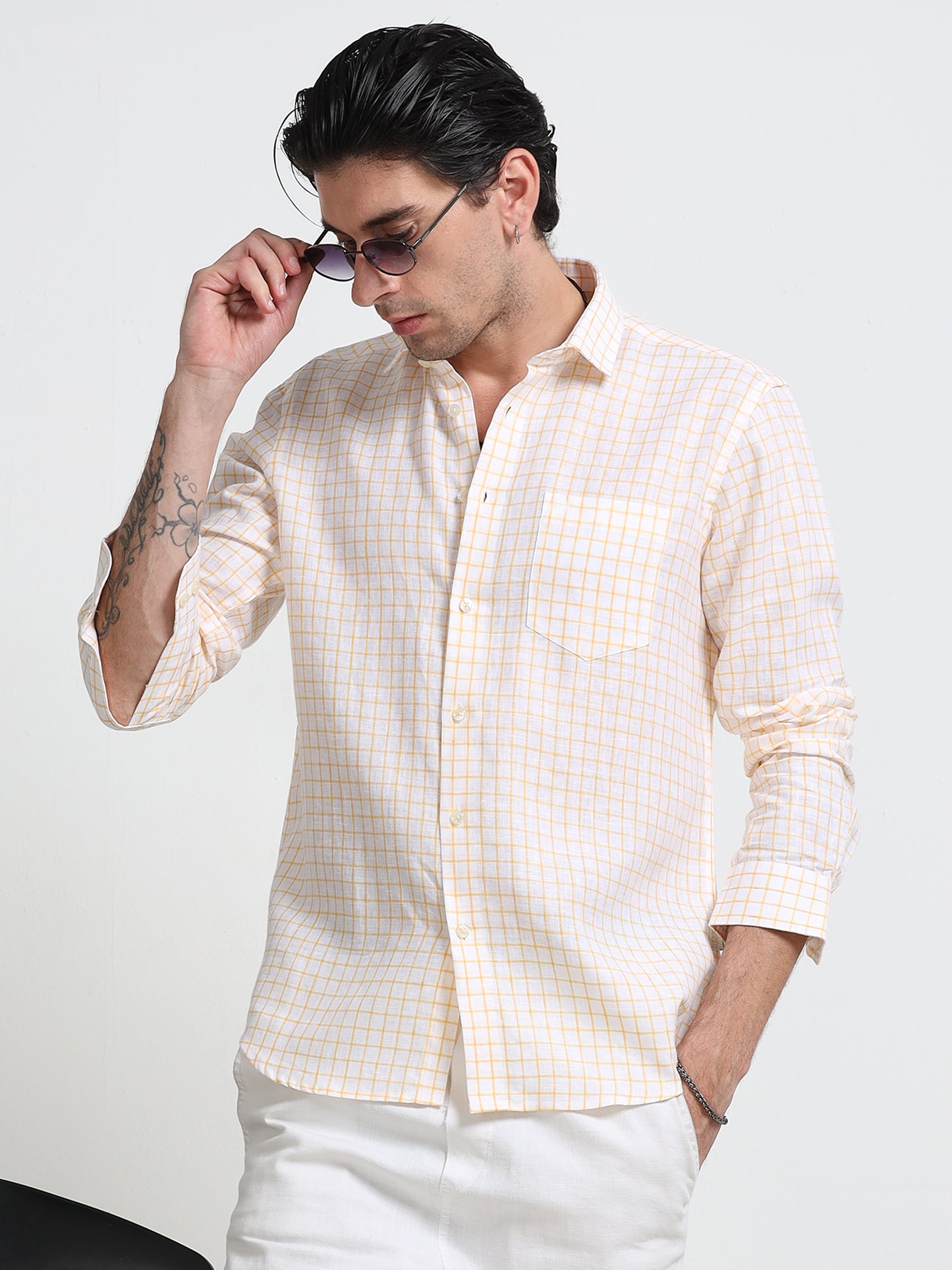 Ivory Gold Linen Check Shirt