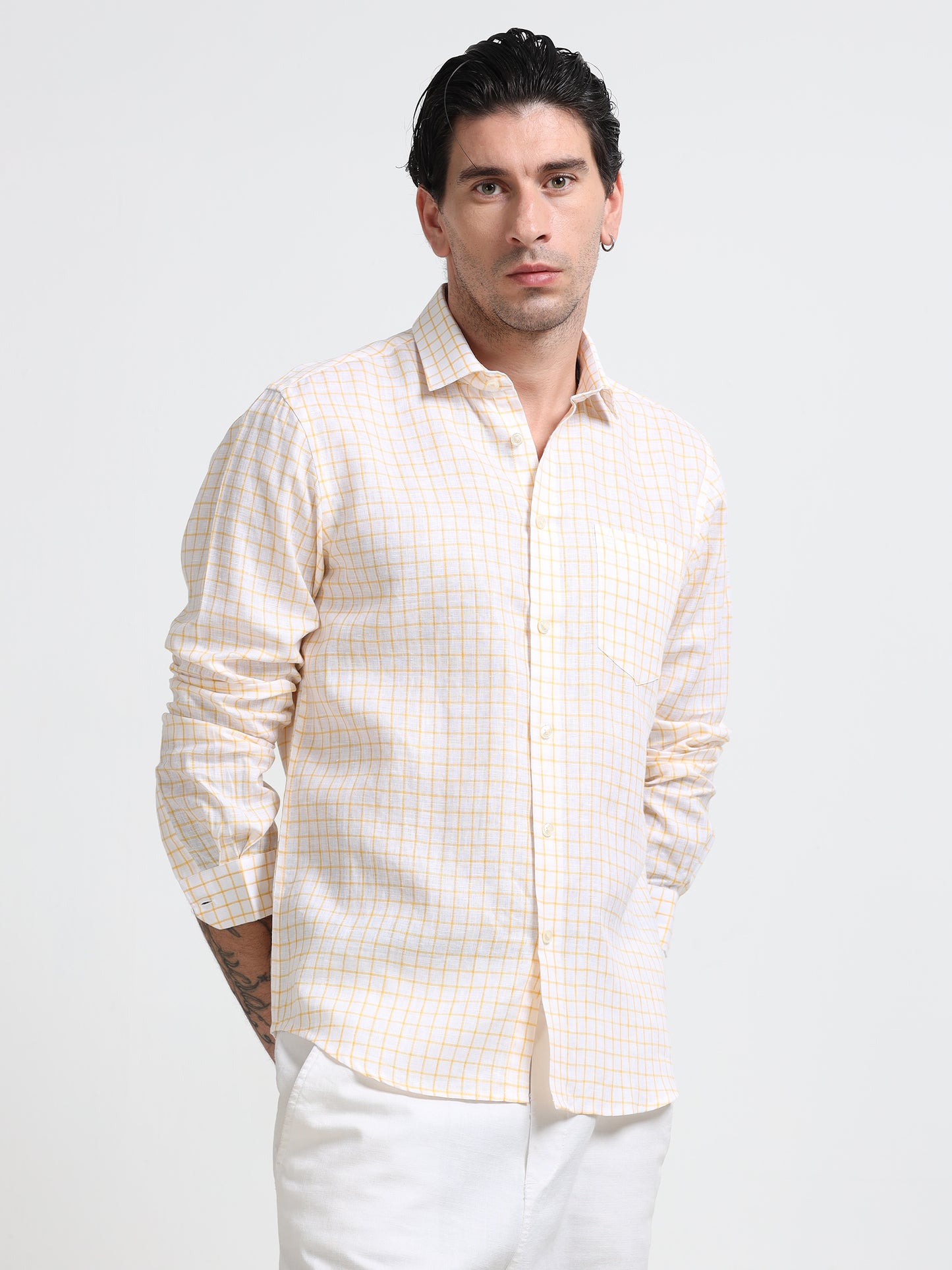 Ivory Gold Linen Check Shirt