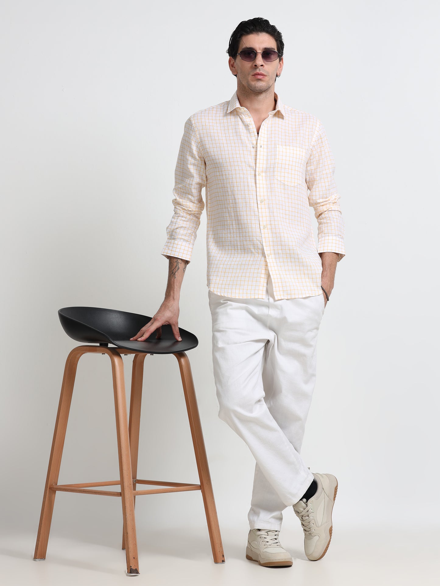 Ivory Gold Linen Check Shirt