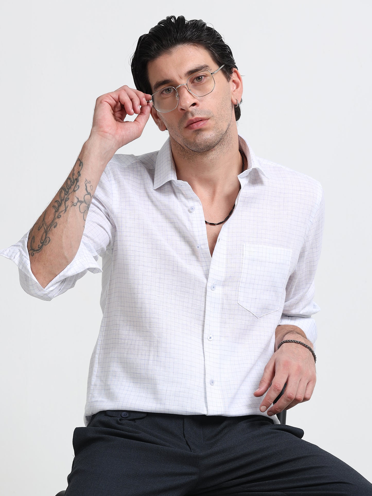 Arctic White Linen Check Shirt
