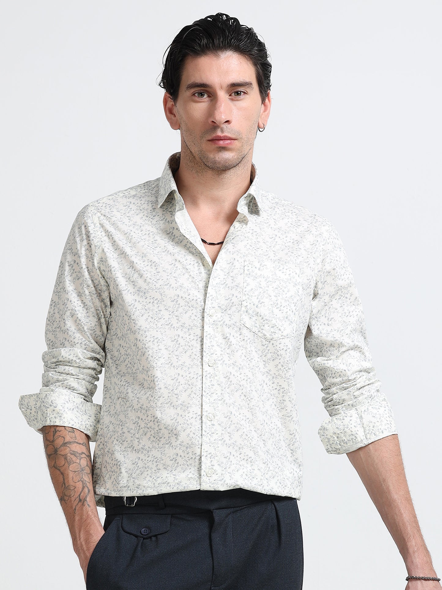 Sage Floral Print Linen Blend Shirt