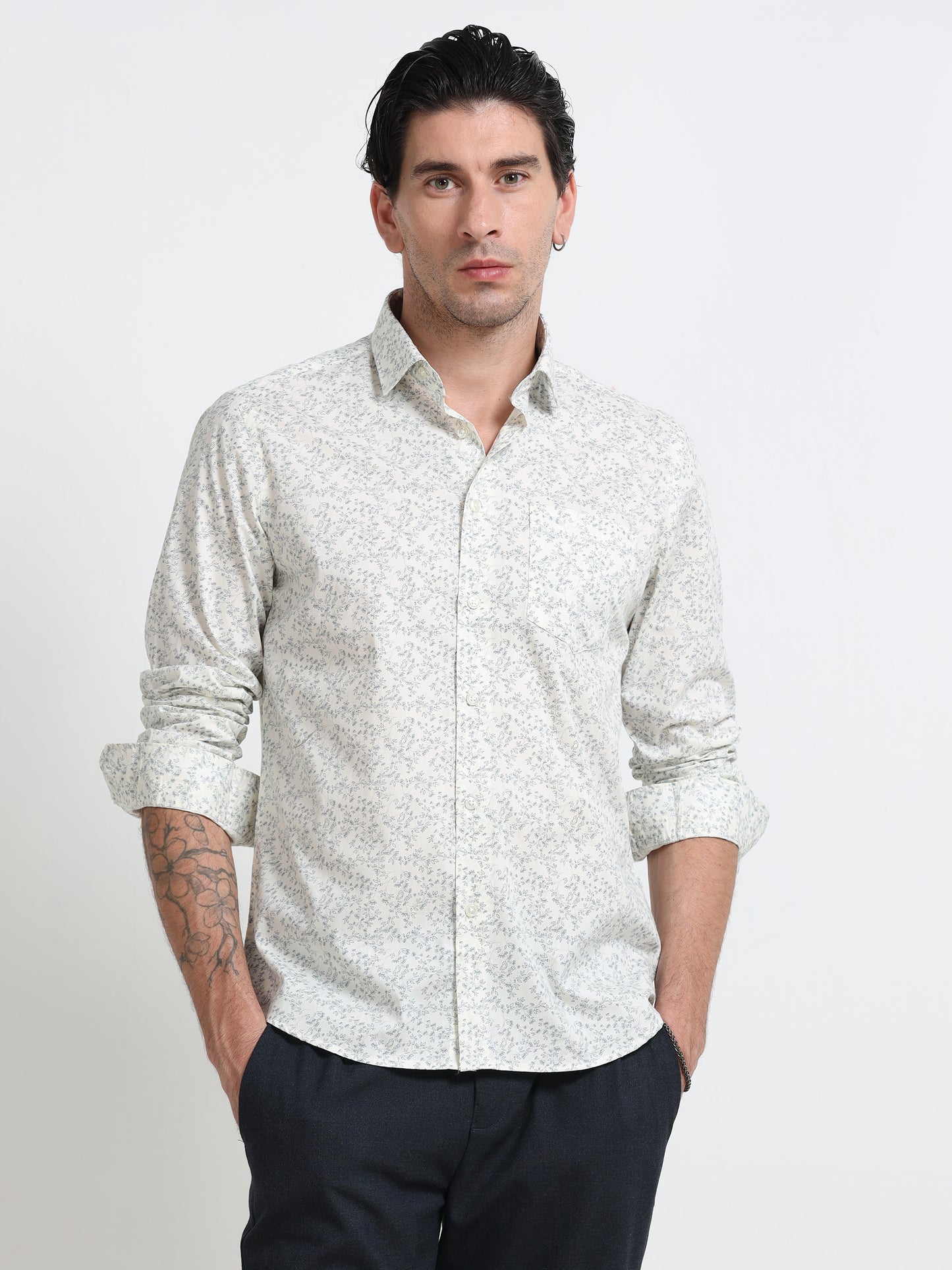Sage Floral Print Linen Blend Shirt