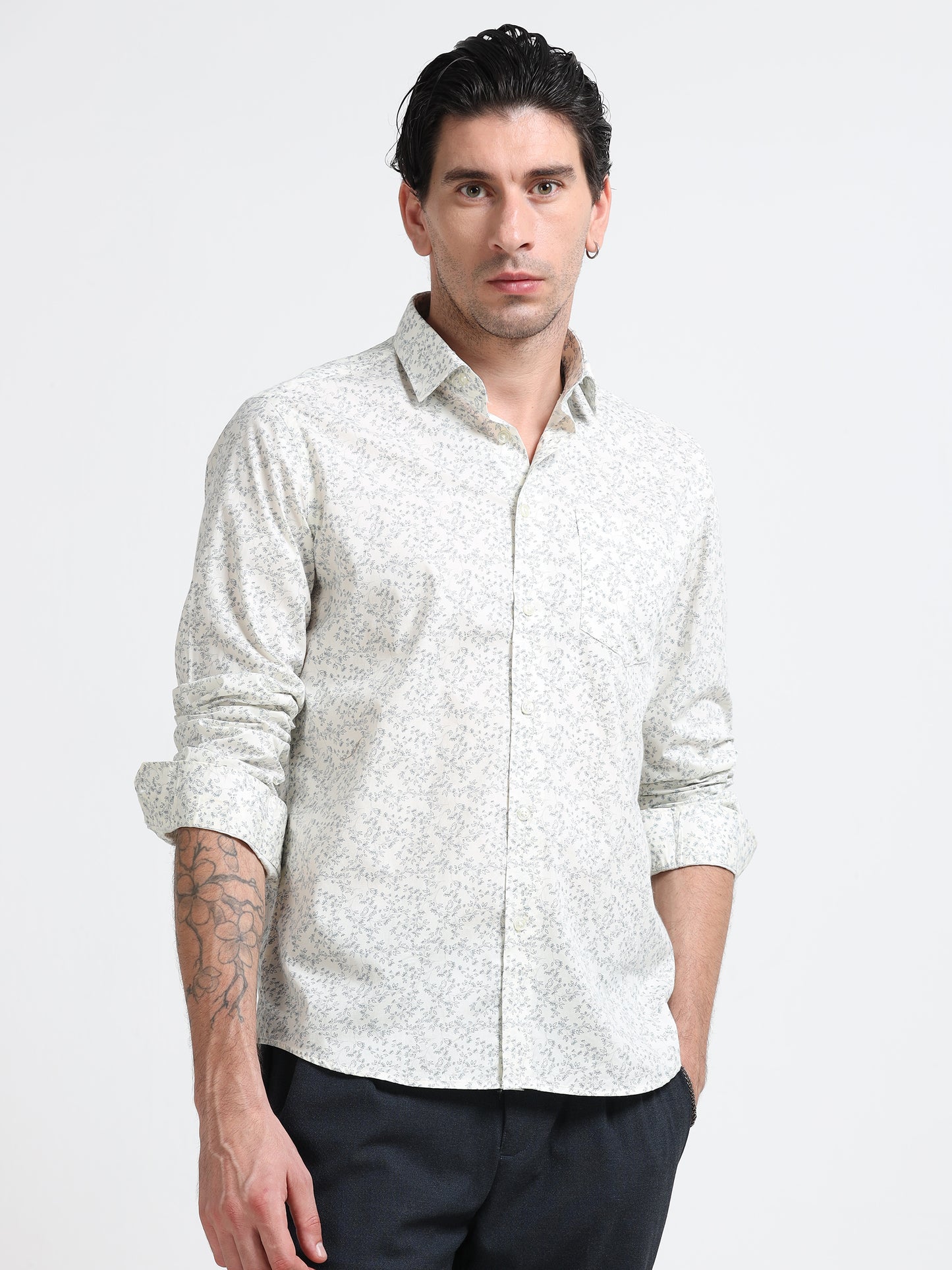Sage Floral Print Linen Blend Shirt