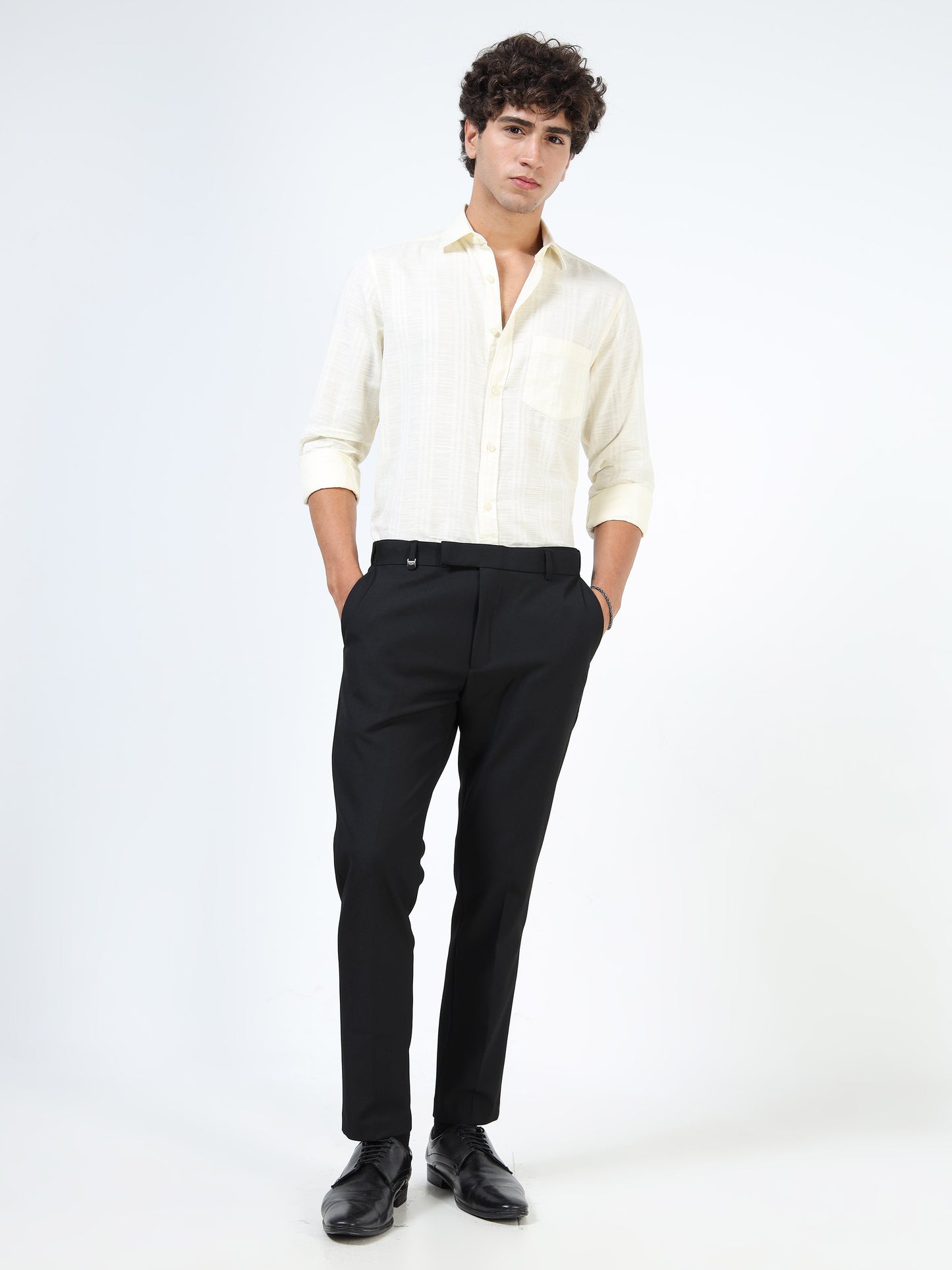 Pinstripe Flexi-waist formal trousers.