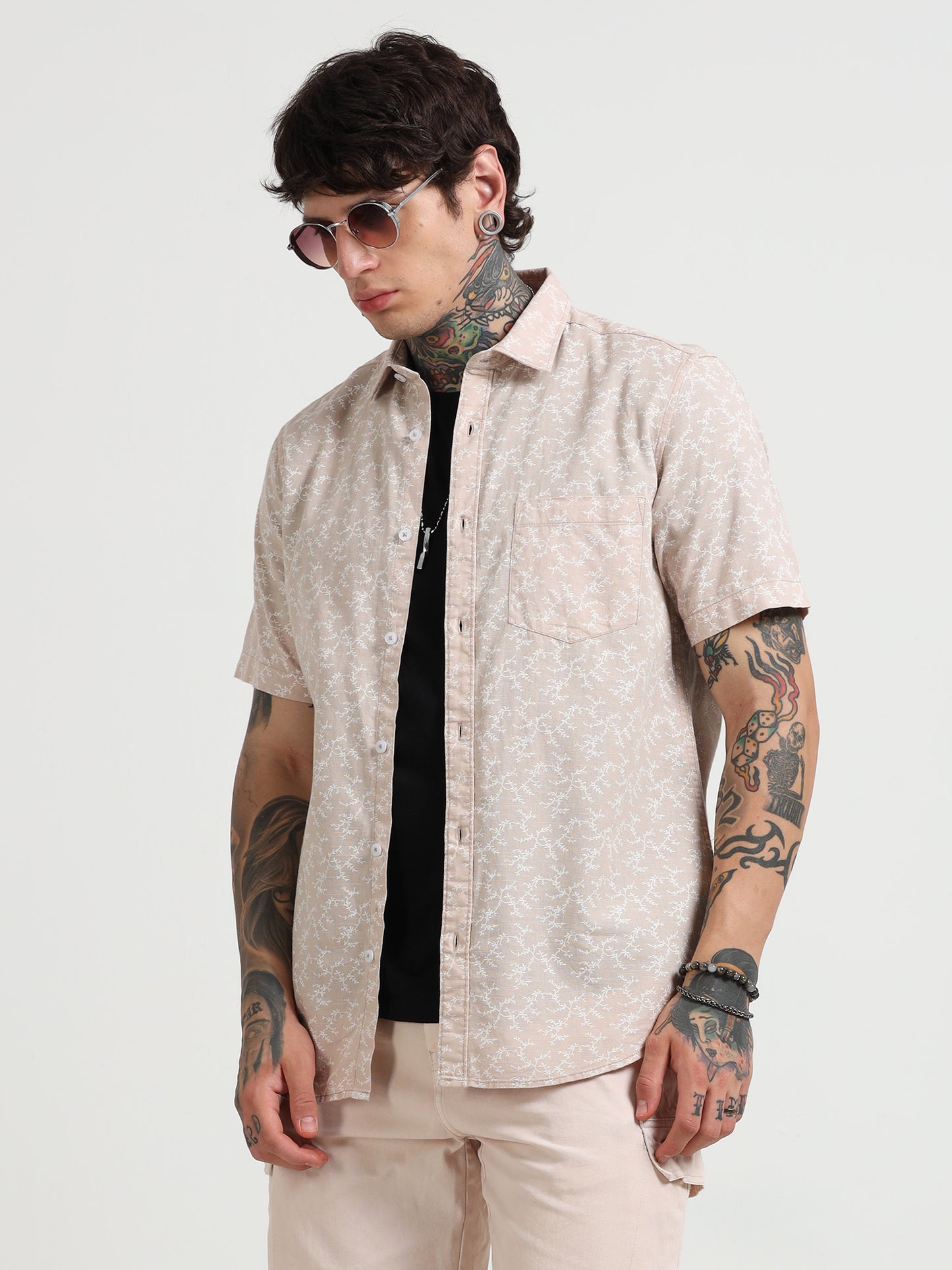Peach Printed Half - Sleeves Shirt