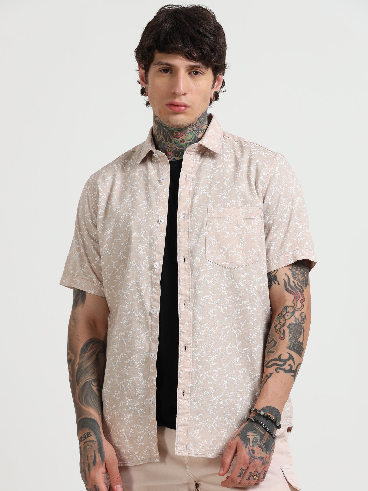 Peach Printed Half - Sleeves Shirt