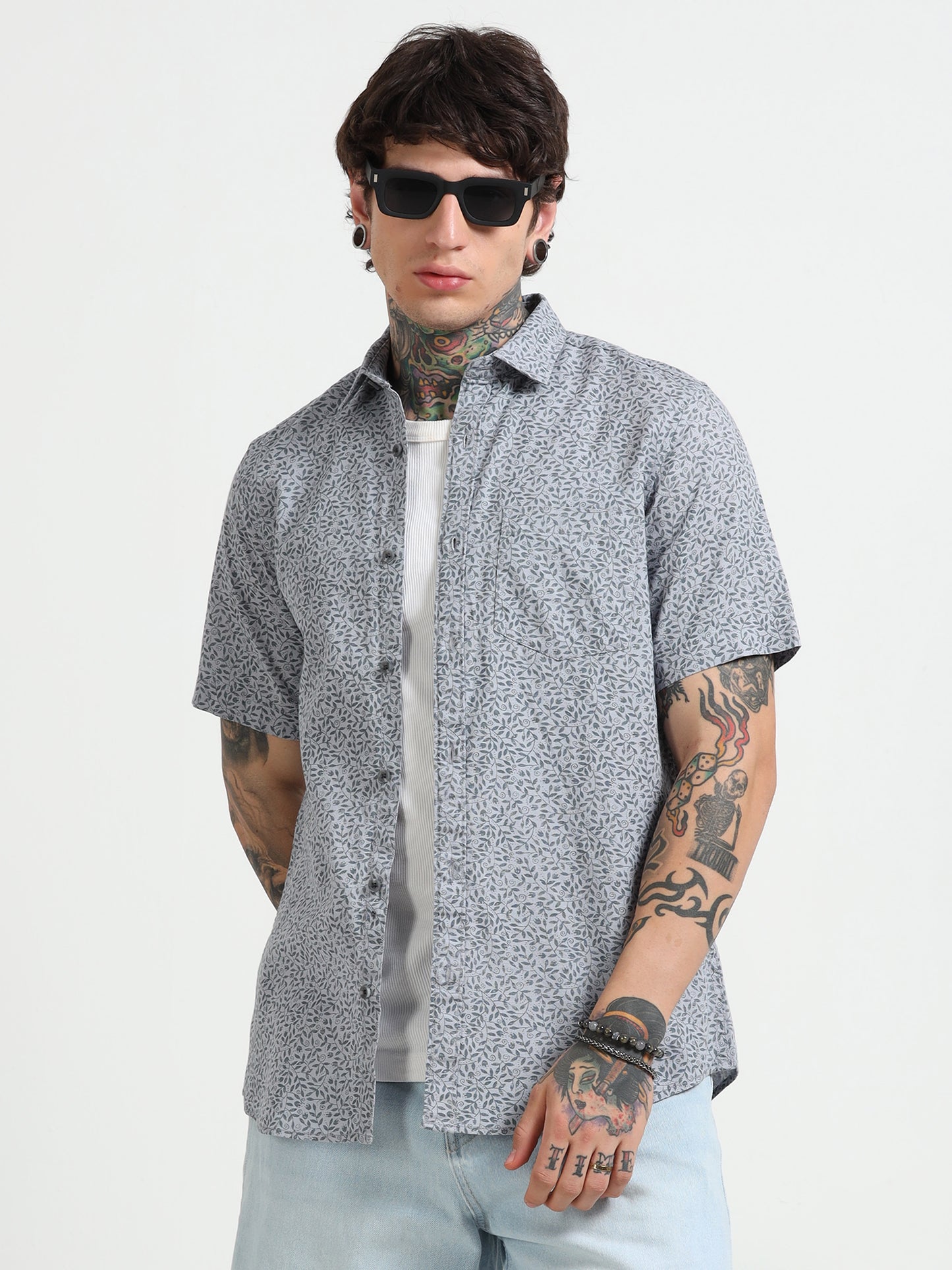 Grey Printed Half - Sleeves Shirt