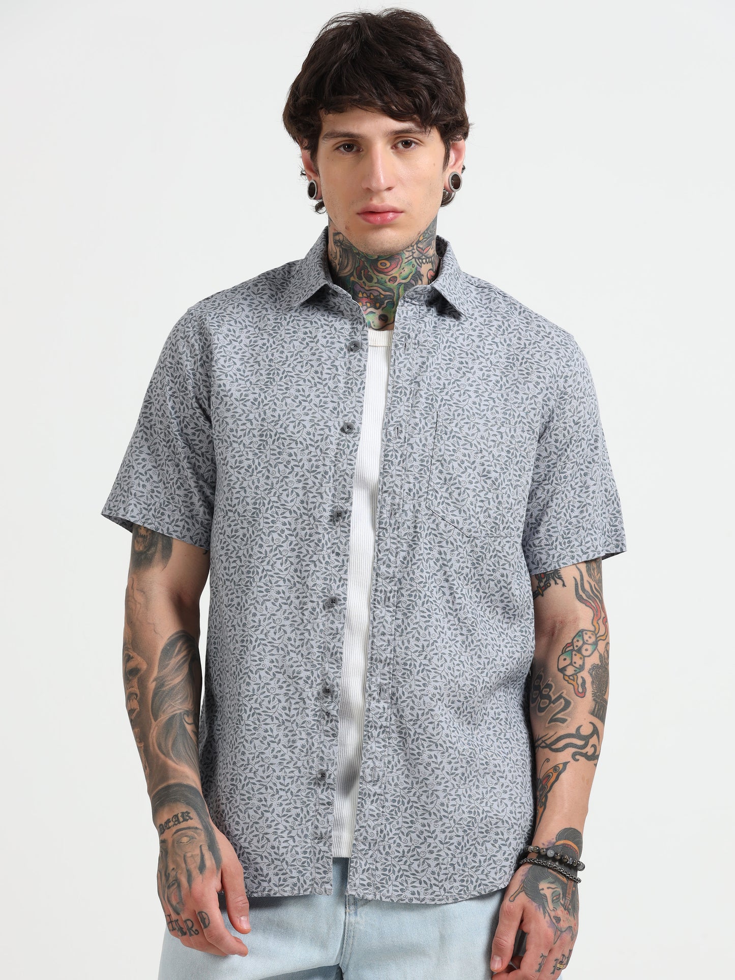 Grey Printed Half - Sleeves Shirt