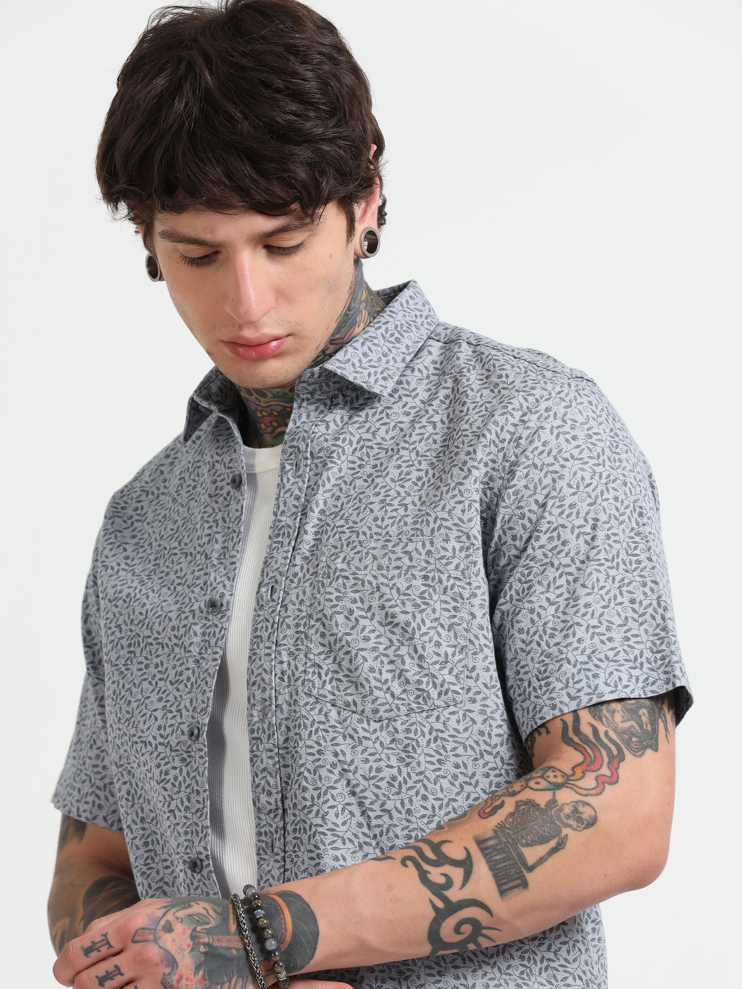 Grey Printed Half - Sleeves Shirt