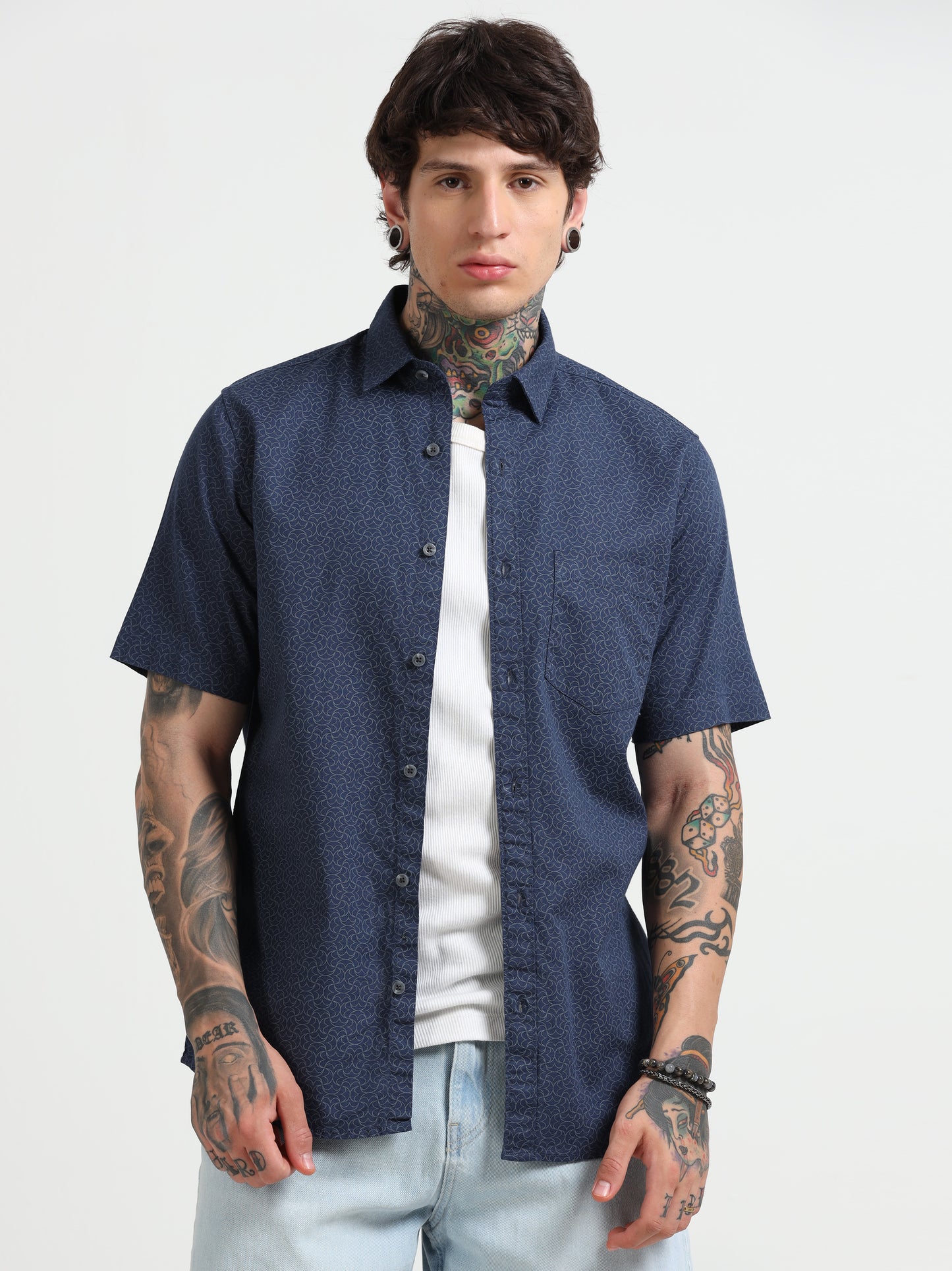 Dark Blue Printed Half - Sleeves Shirt