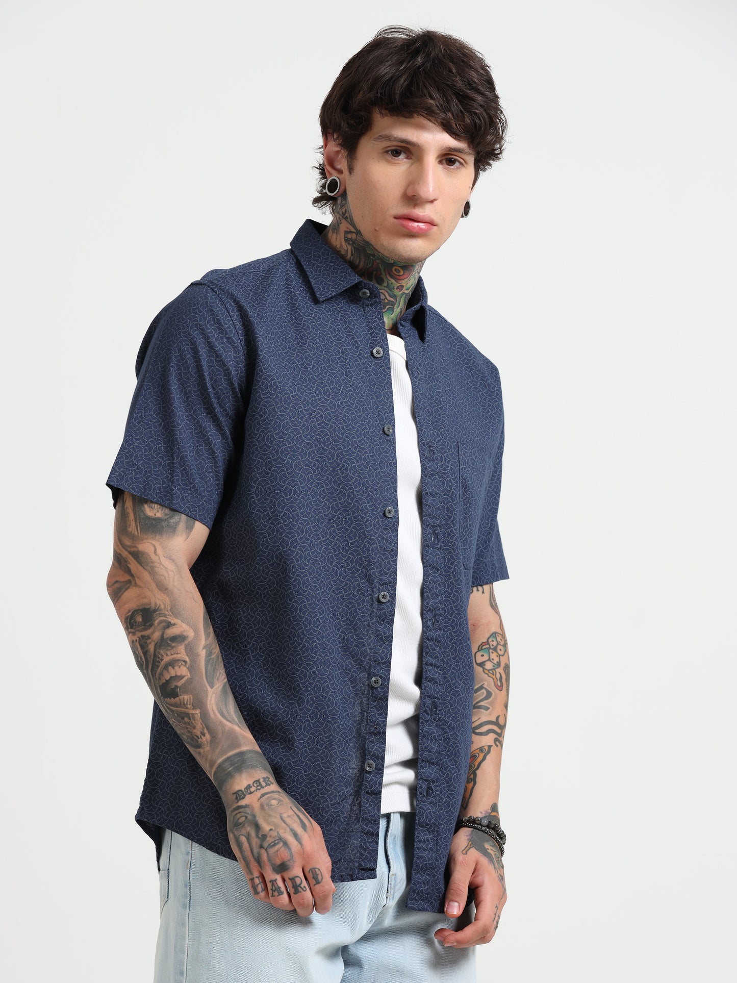 Dark Blue Printed Half - Sleeves Shirt