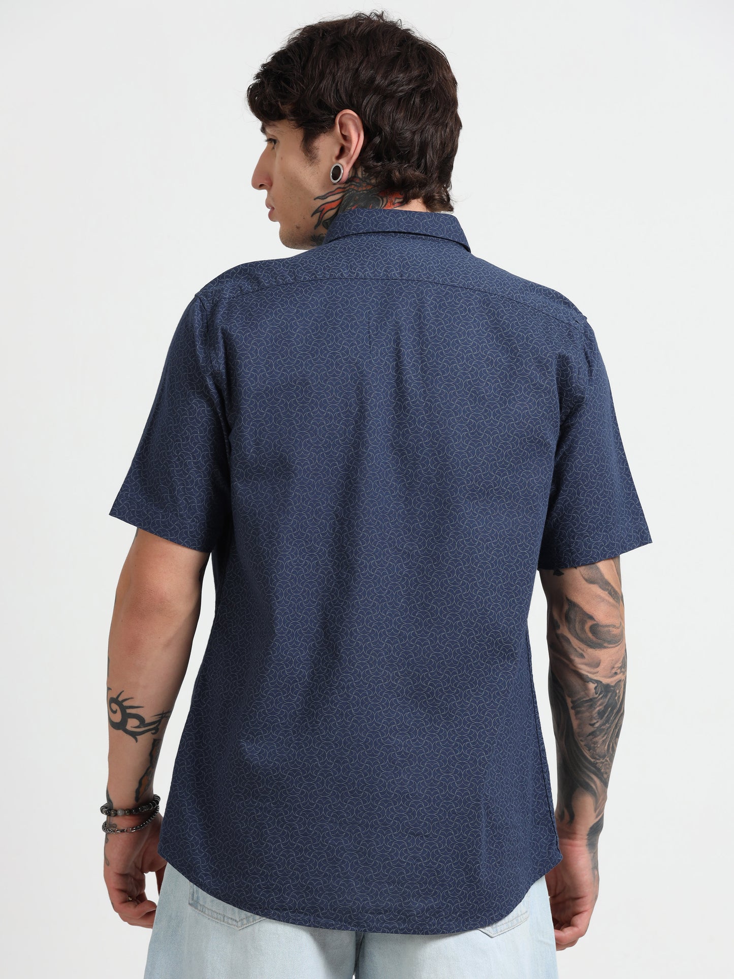 Dark Blue Printed Half - Sleeves Shirt