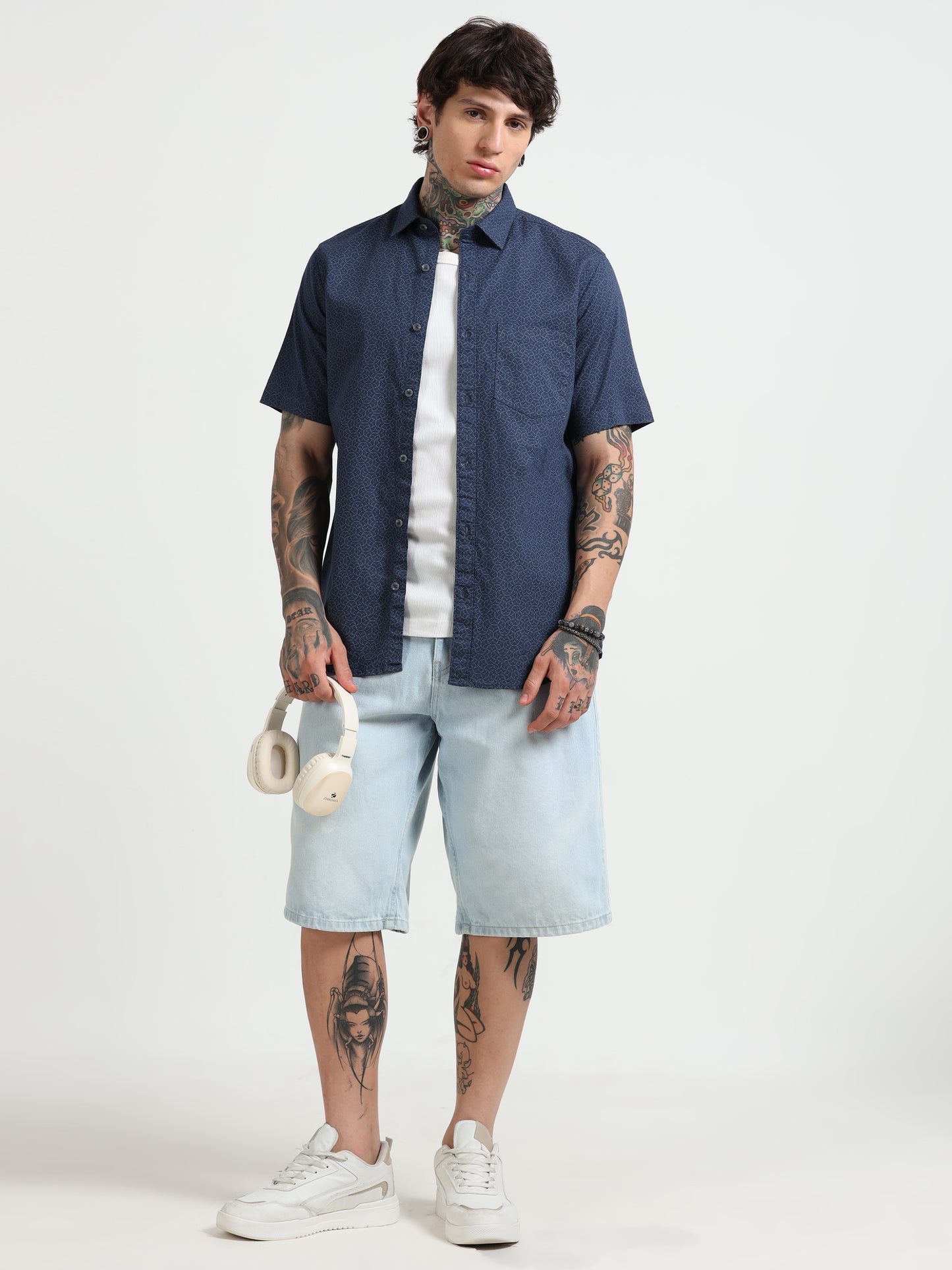 Dark Blue Printed Half - Sleeves Shirt